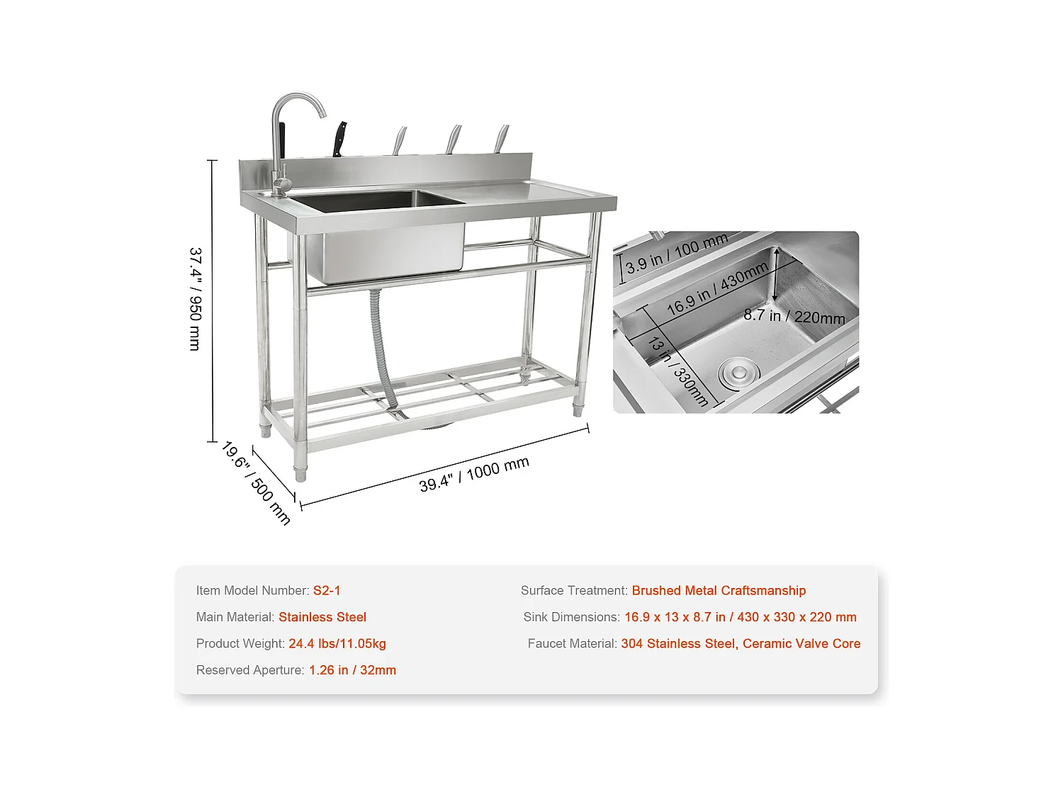Nutzablage aus Edelstahl SucceBuy, 100x50x95 cm, für Garage, Restaurant, Wäscherei, Küche