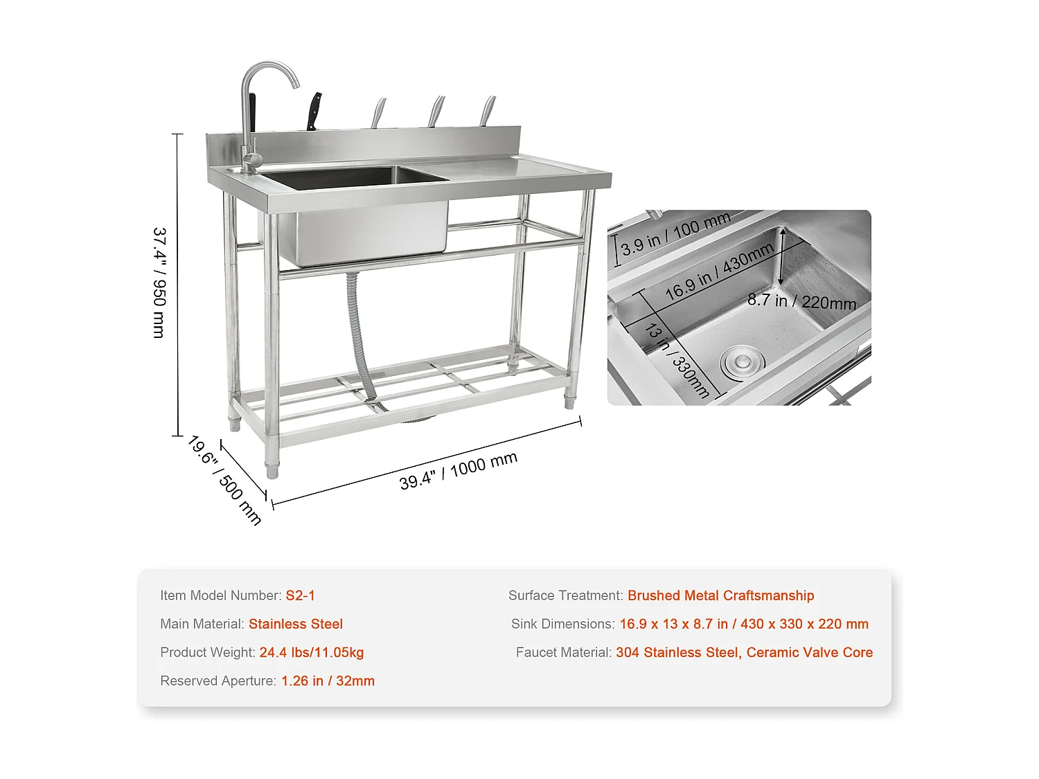 Fregadero Utile in Acciaio Inossidabile SucceBuy, 100x50x95 cm, per Garage, Ristorante, Lavanderia, Cucina