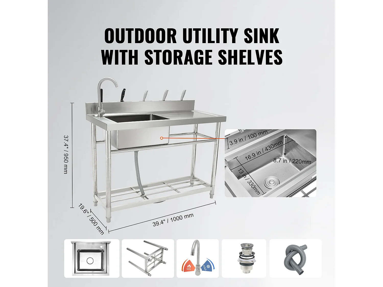 Fregadero Utile in Acciaio Inossidabile SucceBuy, 100x50x95 cm, per Garage, Ristorante, Lavanderia, Cucina