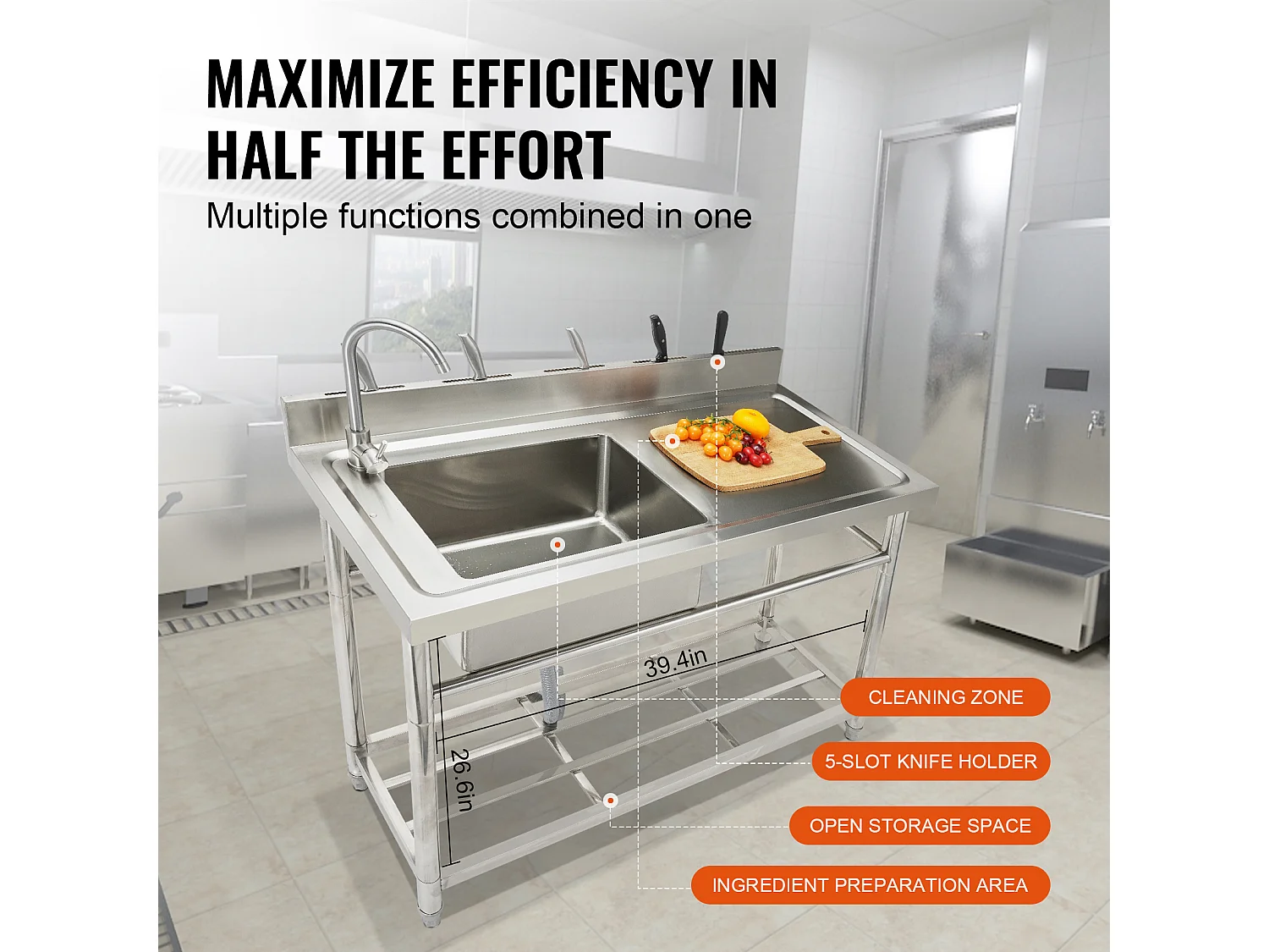 Fregadero Utile in Acciaio Inossidabile SucceBuy, 100x50x95 cm, per Garage, Ristorante, Lavanderia, Cucina