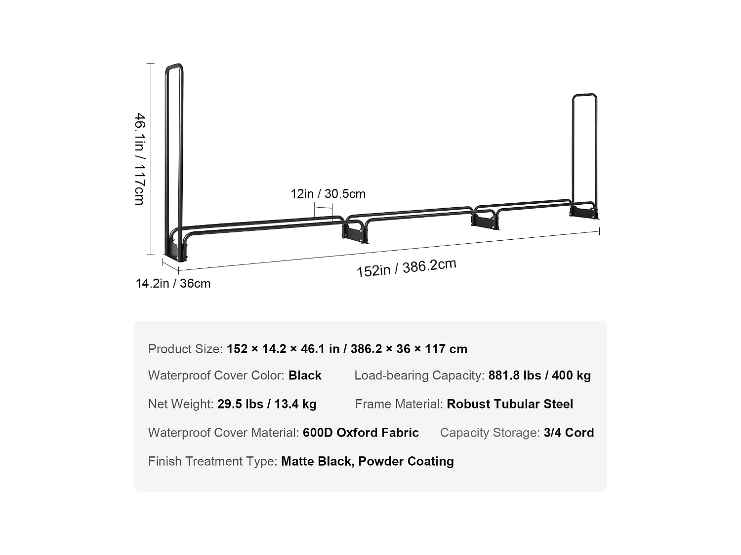 Support à Bois de Chauffage D'extérieur SucceBuy, 12.7 FT Firewood Holder 152 "x14.2 "x46.1" (Porte-bois de Chauffage Extérieur avec Couvercle)