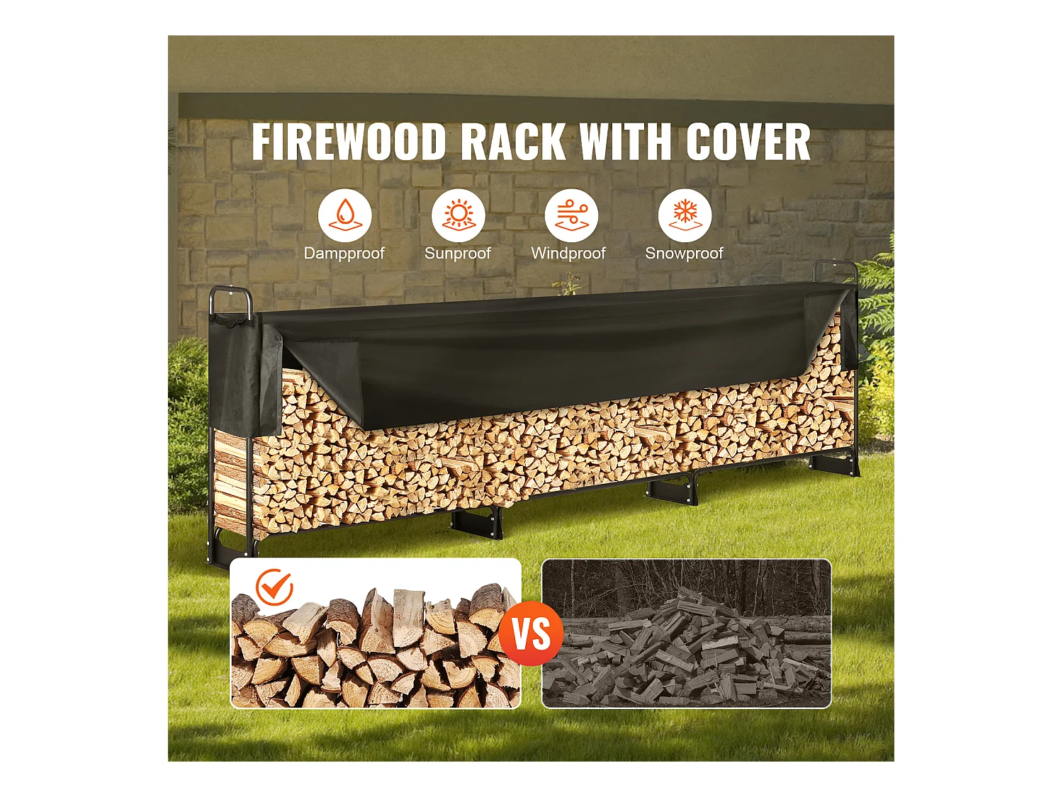 Support à Bois de Chauffage D'extérieur SucceBuy, 12.7 FT Firewood Holder 152 "x14.2 "x46.1" (Porte-bois de Chauffage Extérieur avec Couvercle)