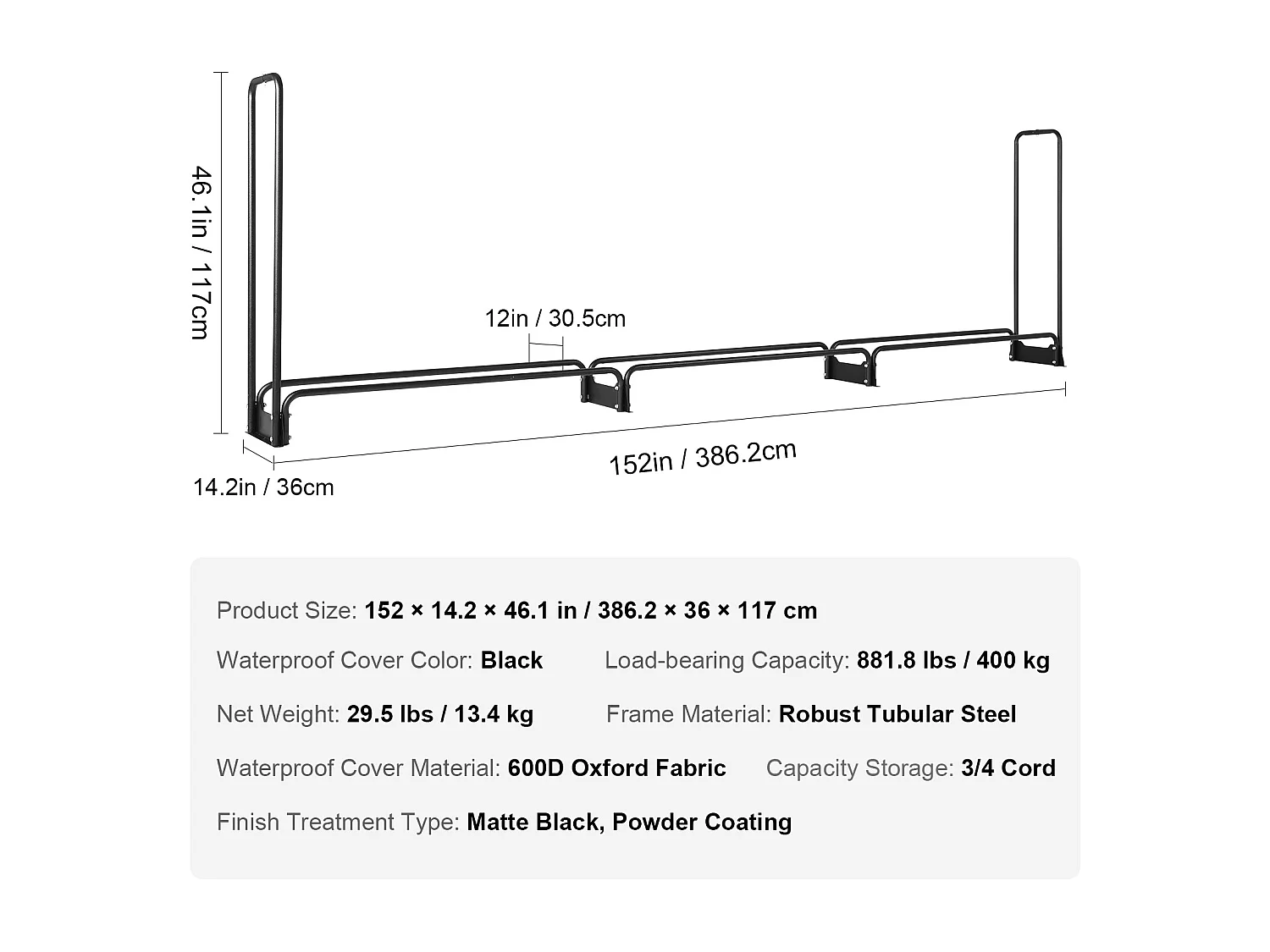 Support à Bois de Chauffage D'extérieur SucceBuy, 12.7 FT Firewood Holder 152 "x14.2 "x46.1" (Porte-bois de Chauffage Extérieur avec Couvercle)