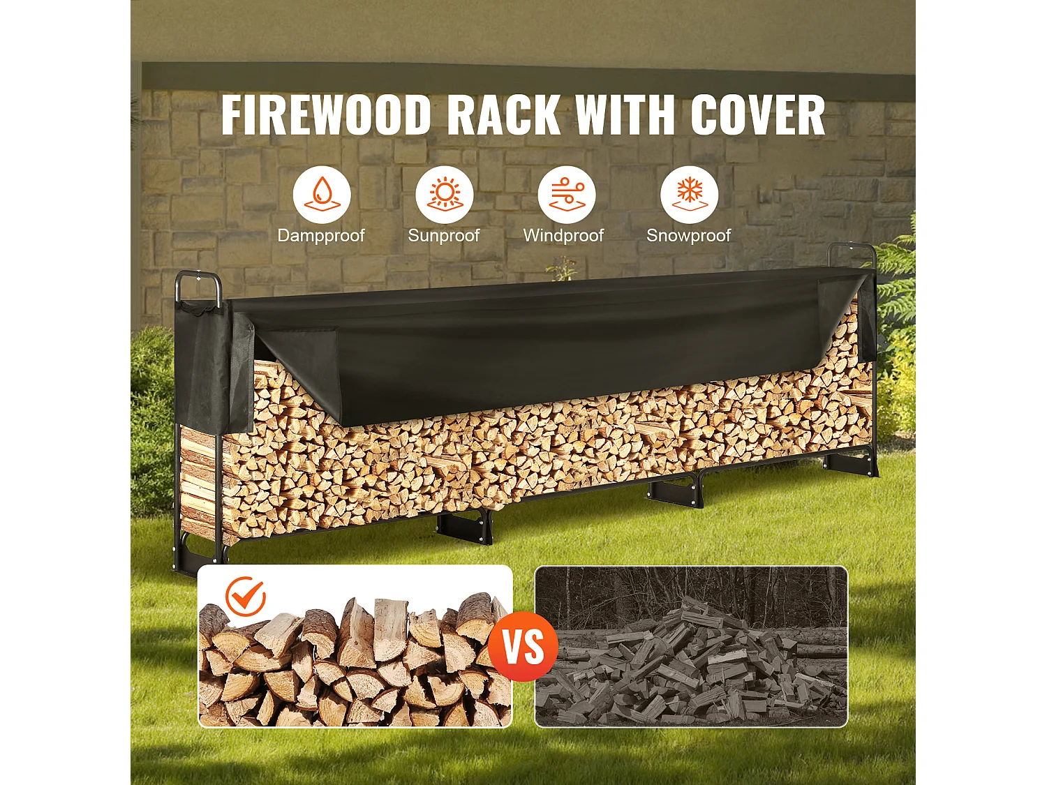 Support à Bois de Chauffage D'extérieur SucceBuy, 12.7 FT Firewood Holder 152 "x14.2 "x46.1" (Porte-bois de Chauffage Extérieur avec Couvercle)