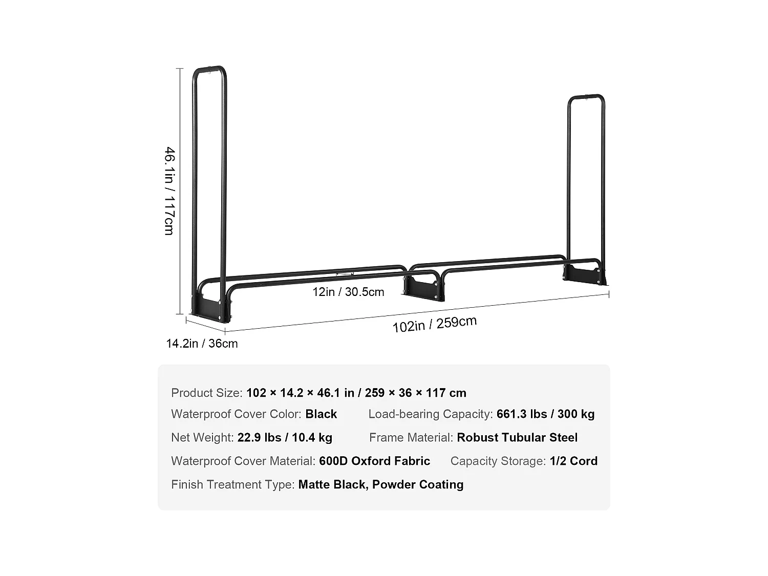 Support à Bois de Chauffage D'extérieur SucceBuy de 2,6 M (8,5 Pi), 2,5 M(102 Po) x 36,6 M (14,2 Po) x 117,5 Cm (46,1 Po), avec Couvercle et Support Robuste.