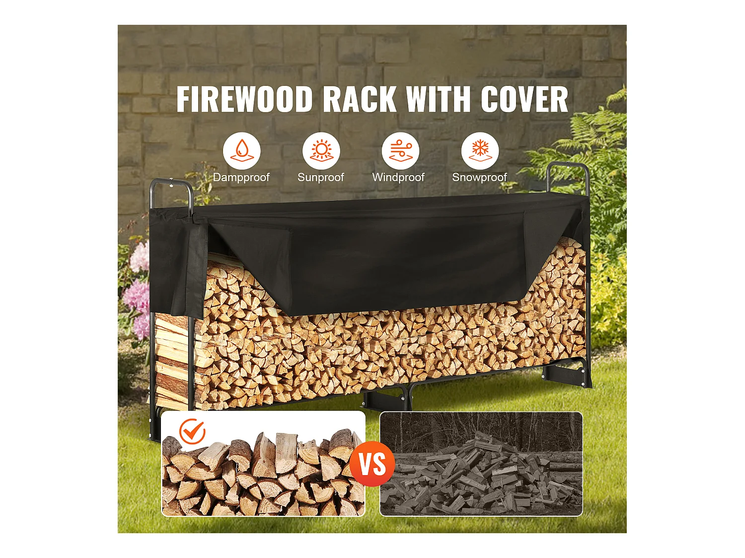 Support à Bois de Chauffage D'extérieur SucceBuy de 2,6 M (8,5 Pi), 2,5 M(102 Po) x 36,6 M (14,2 Po) x 117,5 Cm (46,1 Po), avec Couvercle et Support Robuste.