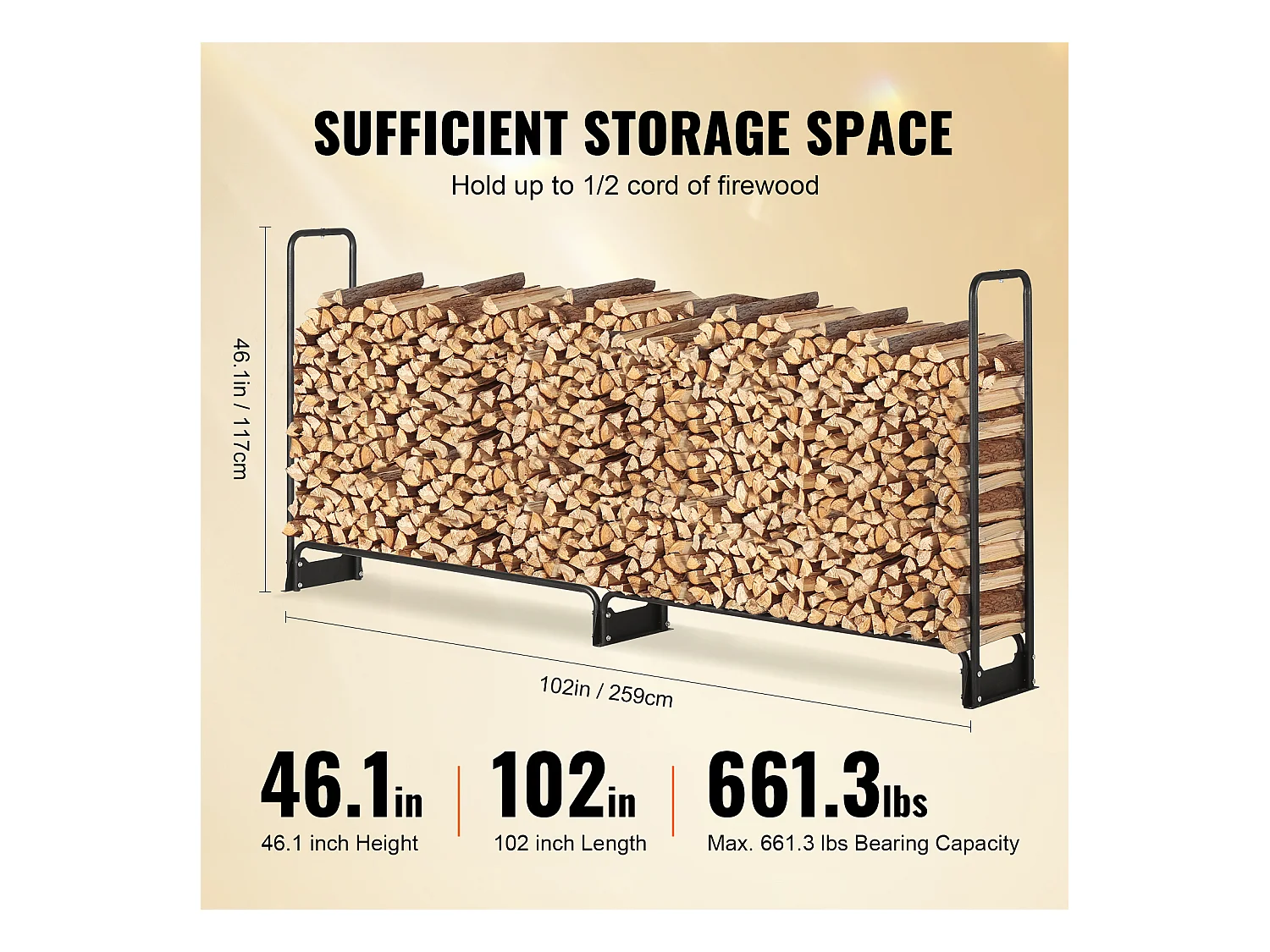 Support à Bois de Chauffage D'extérieur SucceBuy de 2,6 M (8,5 Pi), 2,5 M(102 Po) x 36,6 M (14,2 Po) x 117,5 Cm (46,1 Po), avec Couvercle et Support Robuste.