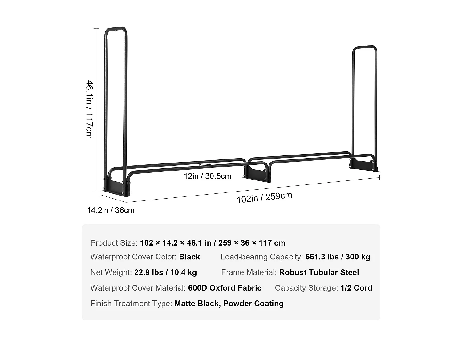 Support à Bois de Chauffage D'extérieur SucceBuy de 2,6 M (8,5 Pi), 2,5 M(102 Po) x 36,6 M (14,2 Po) x 117,5 Cm (46,1 Po), avec Couvercle et Support Robuste.
