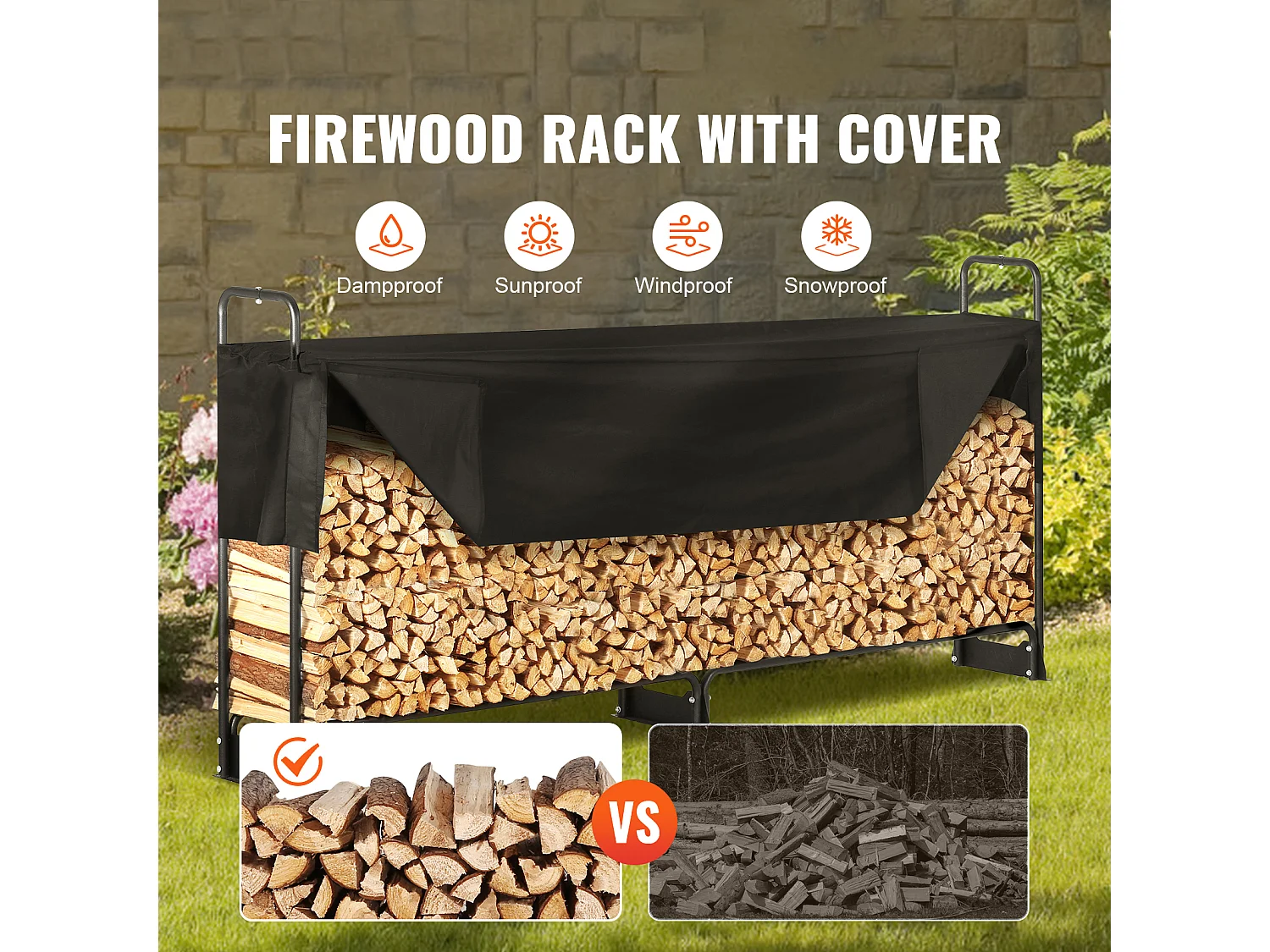 Support à Bois de Chauffage D'extérieur SucceBuy de 2,6 M (8,5 Pi), 2,5 M(102 Po) x 36,6 M (14,2 Po) x 117,5 Cm (46,1 Po), avec Couvercle et Support Robuste.