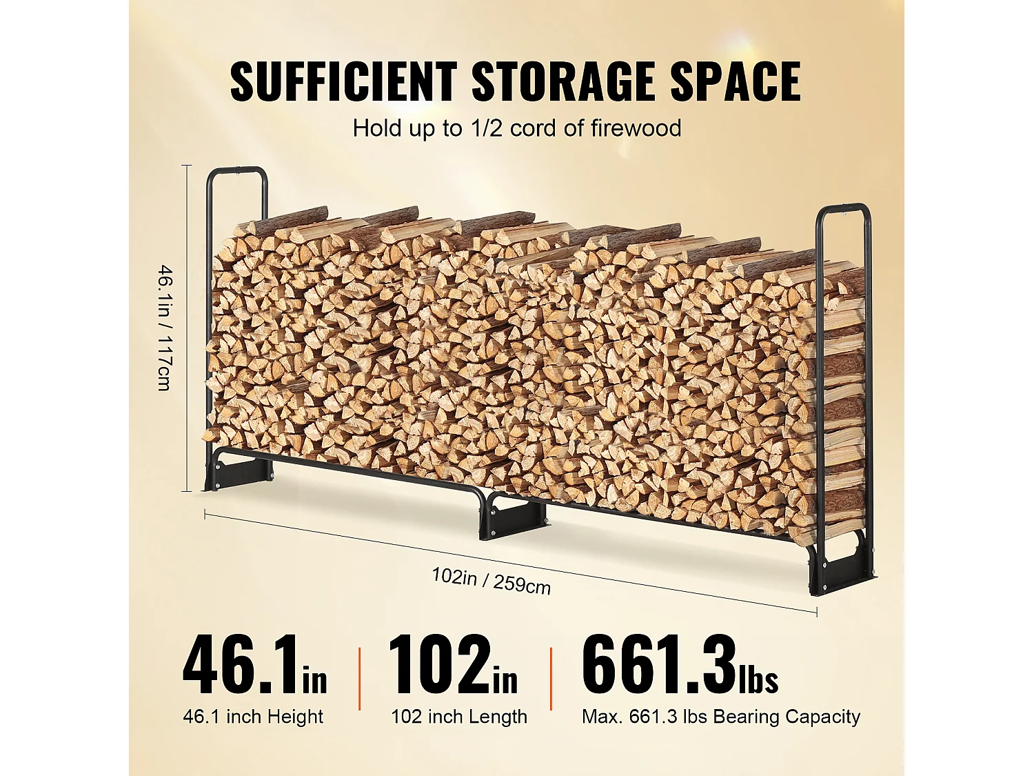 Support à Bois de Chauffage D'extérieur SucceBuy de 2,6 M (8,5 Pi), 2,5 M(102 Po) x 36,6 M (14,2 Po) x 117,5 Cm (46,1 Po), avec Couvercle et Support Robuste.