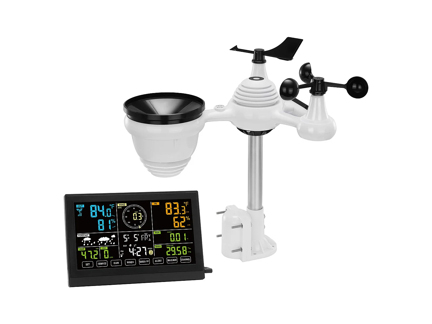 Station Météo Sans Fil 7 en 1 SucceBuy, Station Météo Numérique Donnée, Écran 19.05 cm, Moniteur Intérieur et Extérieur