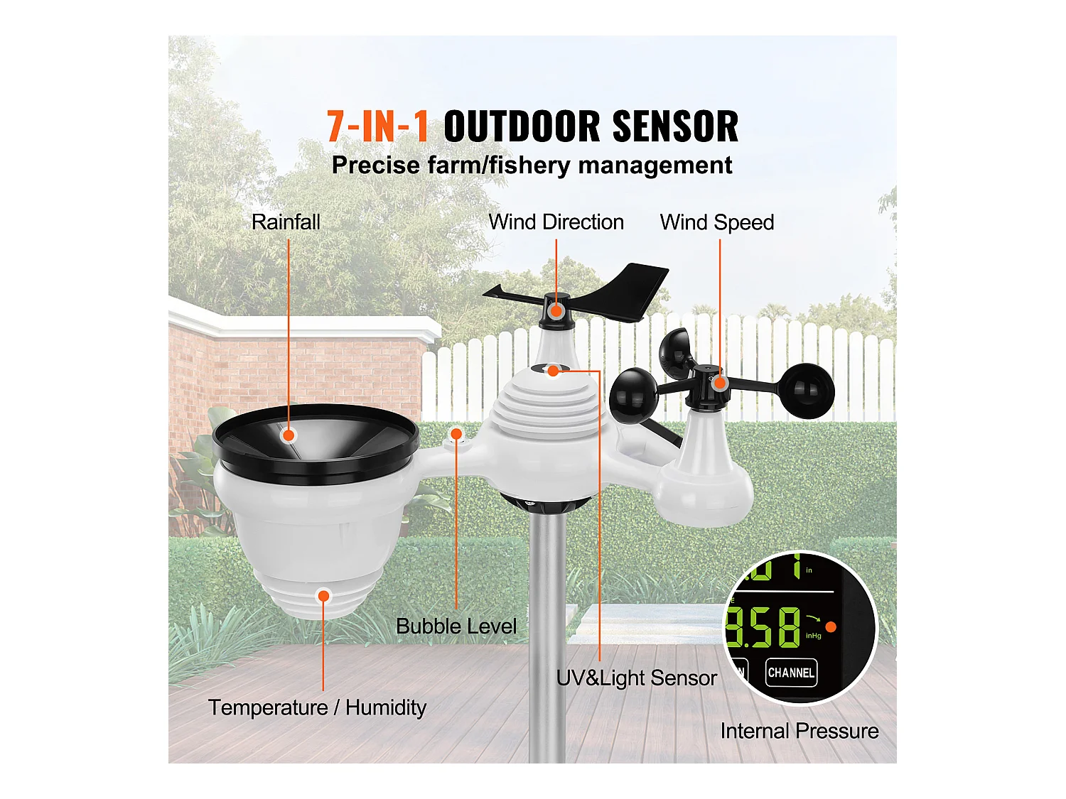 Station Météo Sans Fil 7 en 1 SucceBuy, Station Météo Numérique Donnée, Écran 19.05 cm, Moniteur Intérieur et Extérieur