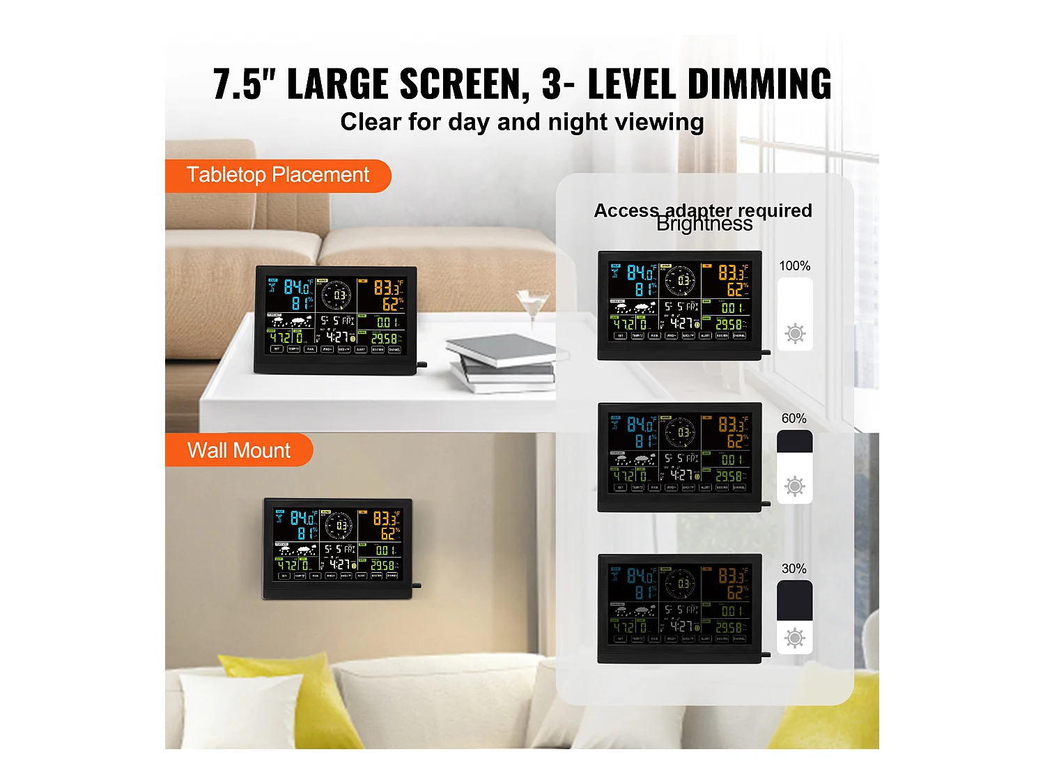 Station Météo Sans Fil 7 en 1 SucceBuy, Station Météo Numérique Donnée, Écran 19.05 cm, Moniteur Intérieur et Extérieur