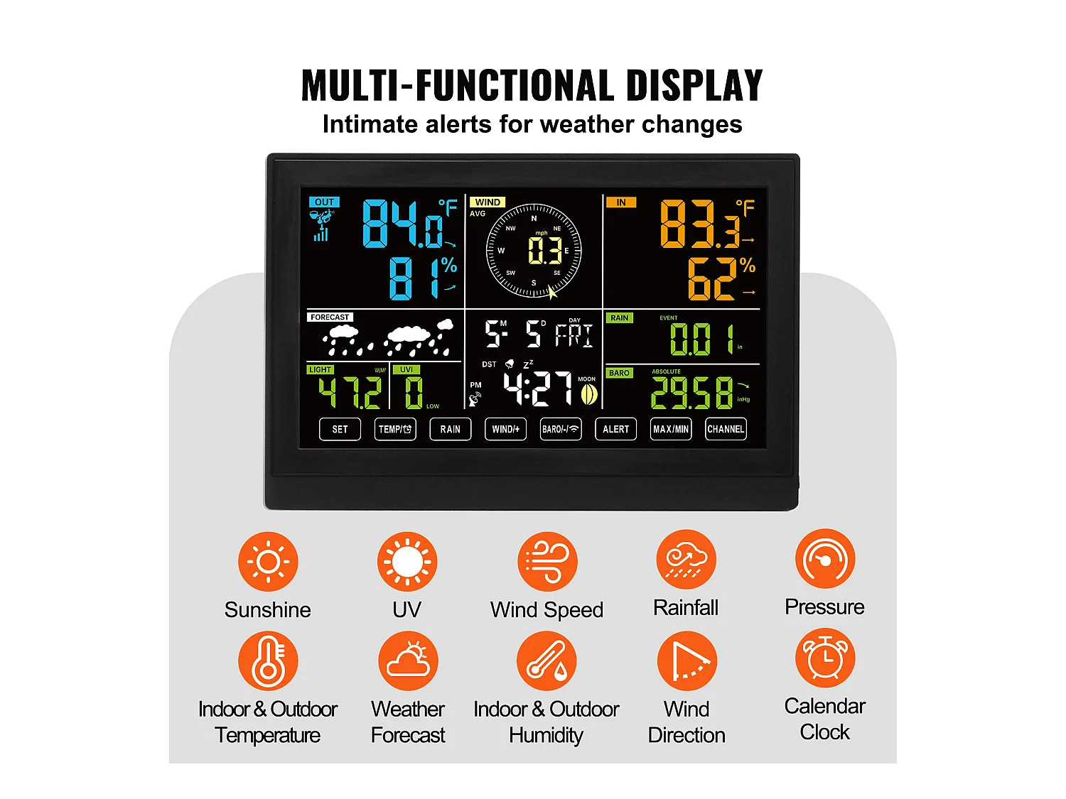 Station Météo Sans Fil 7 en 1 SucceBuy, Station Météo Numérique Donnée, Écran 19.05 cm, Moniteur Intérieur et Extérieur