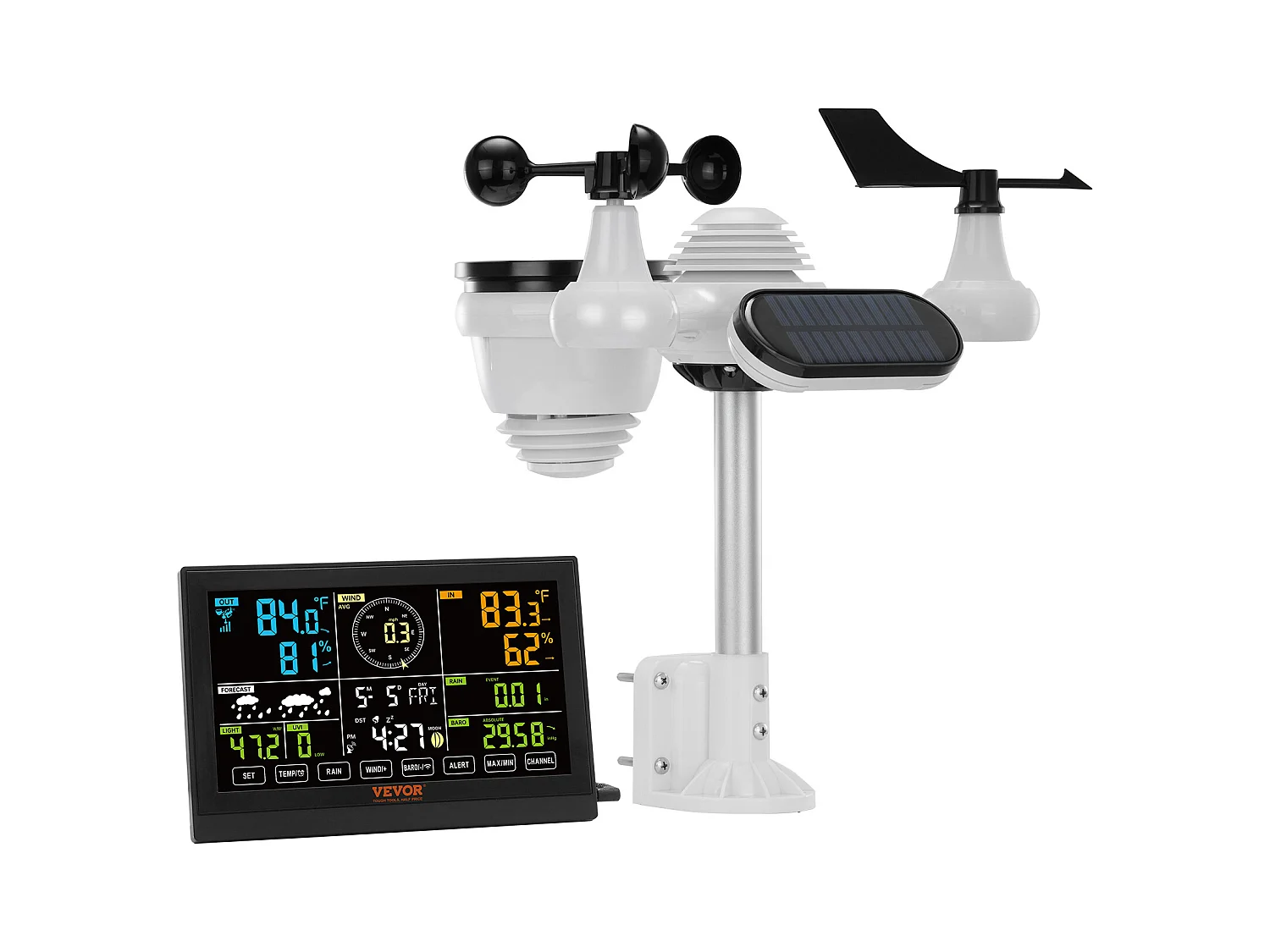 Station Météo Sans Fil 7 en 1 SucceBuy, Station Météo Numérique Donnée, Écran 19.05 cm, Moniteur Intérieur et Extérieur