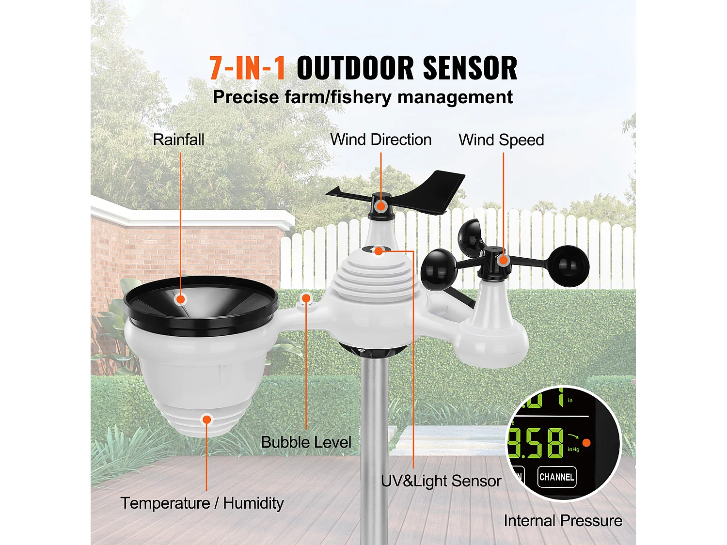 Station Météo Sans Fil 7 en 1 SucceBuy, Station Météo Numérique Donnée, Écran 19.05 cm, Moniteur Intérieur et Extérieur