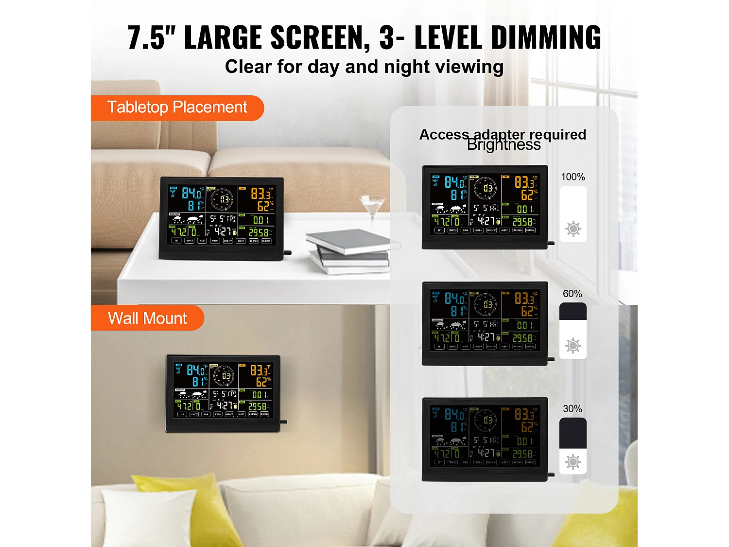 Station Météo Sans Fil 7 en 1 SucceBuy, Station Météo Numérique Donnée, Écran 19.05 cm, Moniteur Intérieur et Extérieur