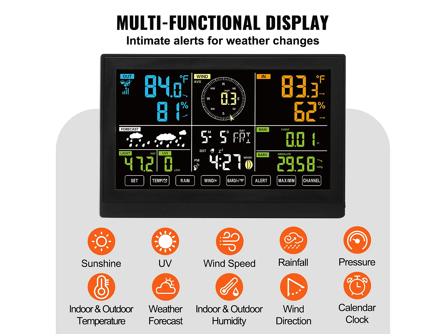 Station Météo Sans Fil 7 en 1 SucceBuy, Station Météo Numérique Donnée, Écran 19.05 cm, Moniteur Intérieur et Extérieur