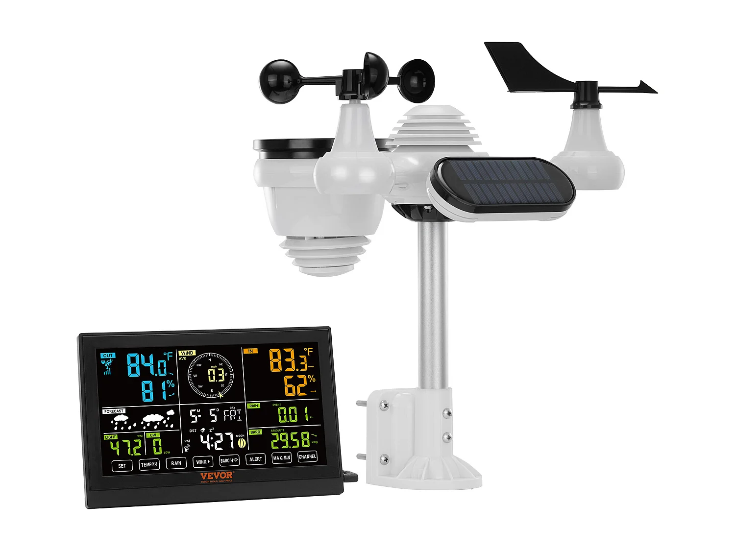 Station Météo Sans Fil 7 en 1 SucceBuy, Station Météo Numérique Donnée, Écran 19.05 cm, Moniteur Intérieur et Extérieur