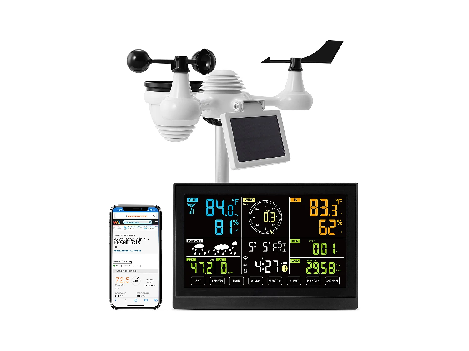 Station Météo Wi-Fi 7 en 1 SucceBuy avec Écran Couleur de 19.05 cm et Capteur Extérieur Sans Fil