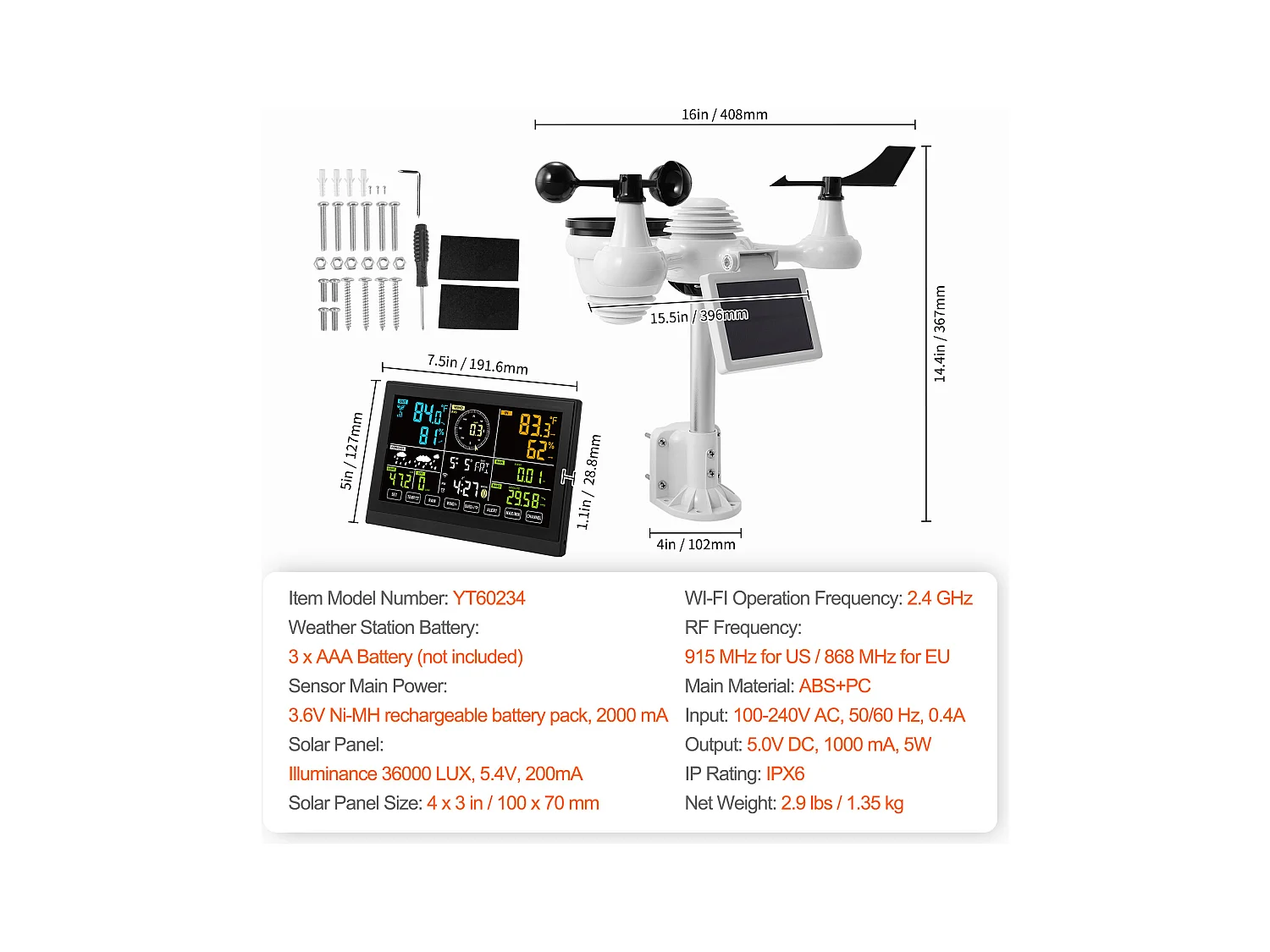 Station Météo Wi-Fi 7 en 1 SucceBuy avec Écran Couleur de 19.05 cm et Capteur Extérieur Sans Fil