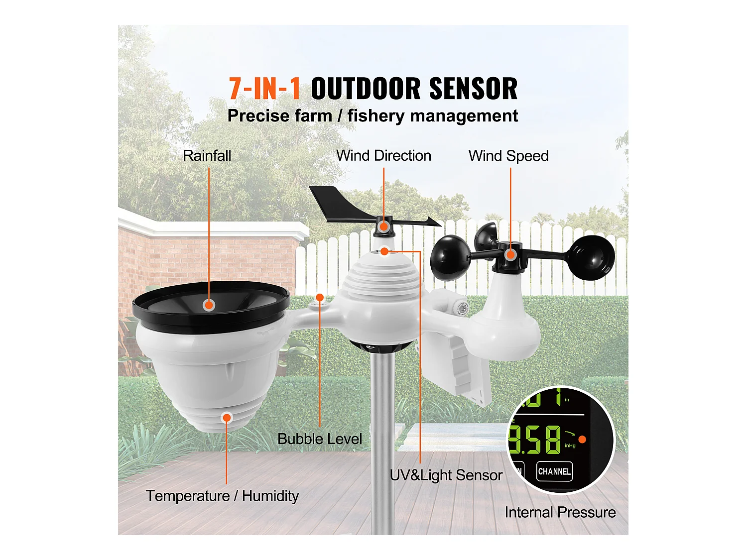 Station Météo Wi-Fi 7 en 1 SucceBuy avec Écran Couleur de 19.05 cm et Capteur Extérieur Sans Fil