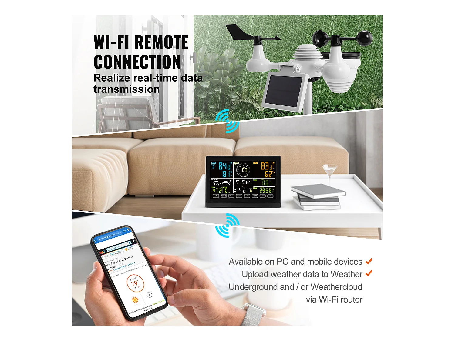 Station Météo Wi-Fi 7 en 1 SucceBuy avec Écran Couleur de 19.05 cm et Capteur Extérieur Sans Fil