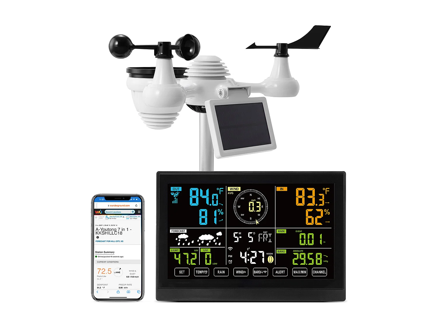 Station Météo Wi-Fi 7 en 1 SucceBuy avec Écran Couleur de 19.05 cm et Capteur Extérieur Sans Fil