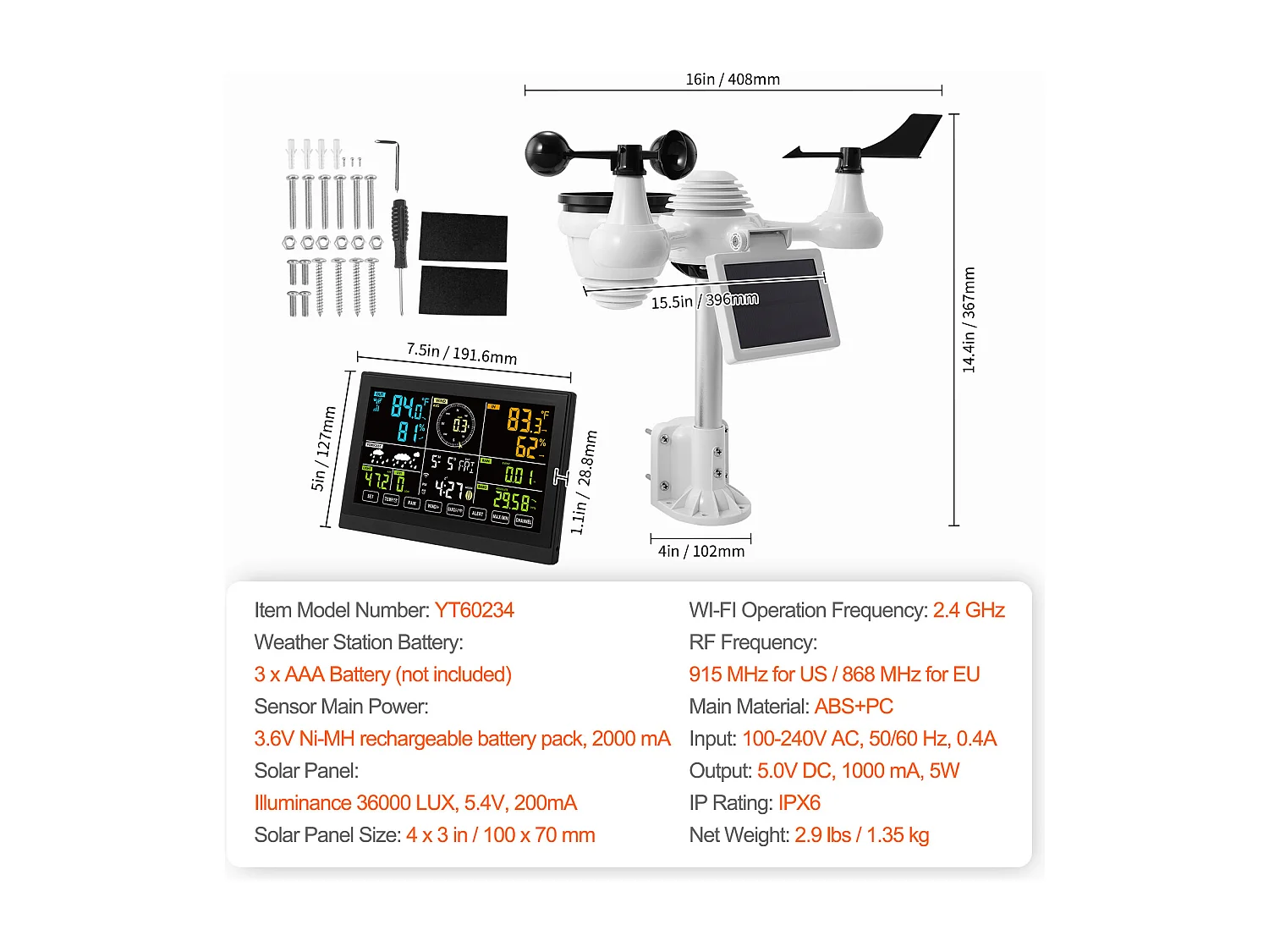 Station Météo Wi-Fi 7 en 1 SucceBuy avec Écran Couleur de 19.05 cm et Capteur Extérieur Sans Fil