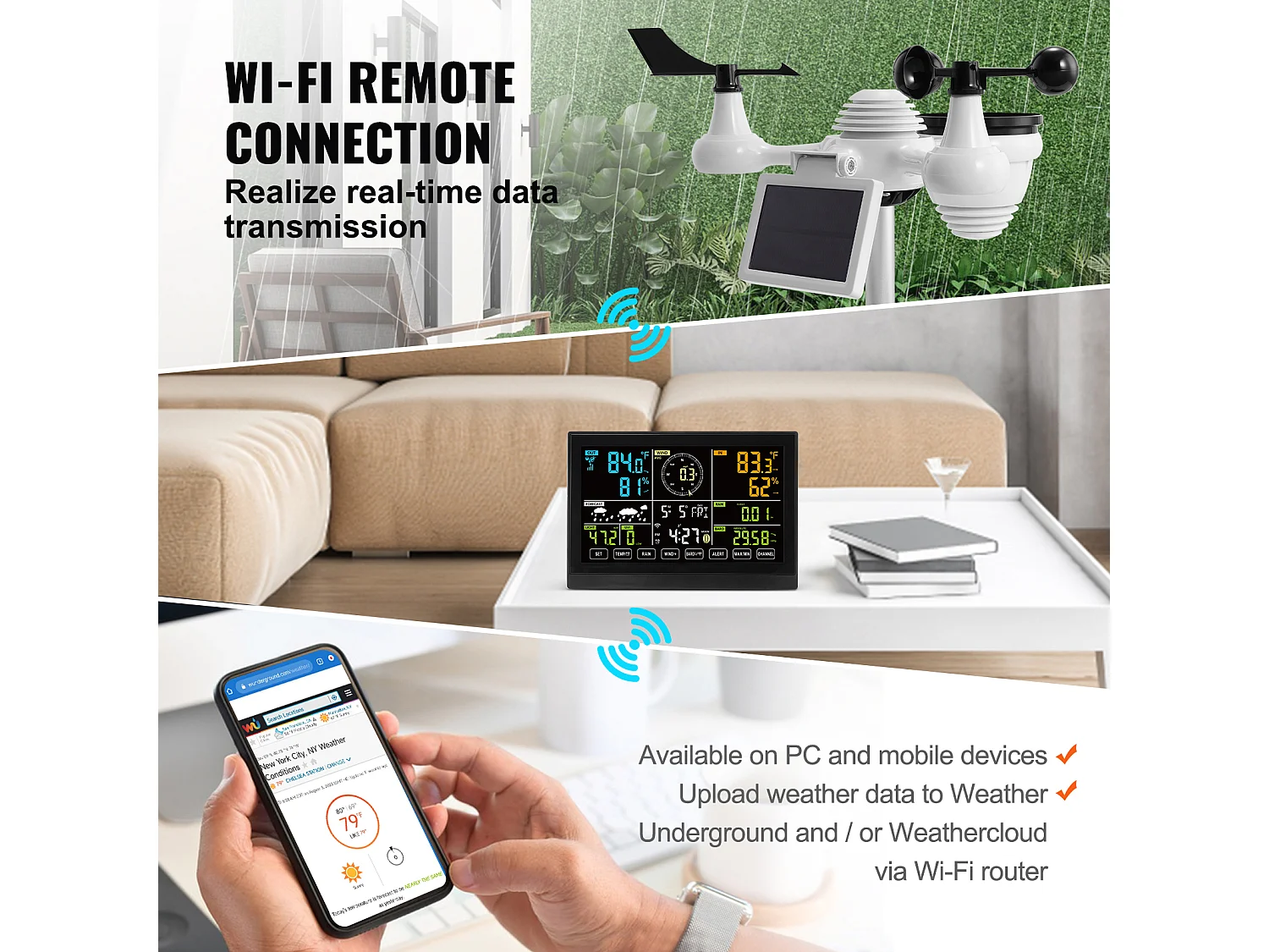 Station Météo Wi-Fi 7 en 1 SucceBuy avec Écran Couleur de 19.05 cm et Capteur Extérieur Sans Fil