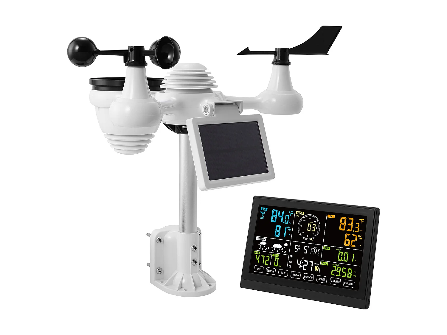 Station Météo Wi-Fi 7 en 1 SucceBuy avec Écran Couleur de 19.05 cm et Capteur Extérieur Sans Fil