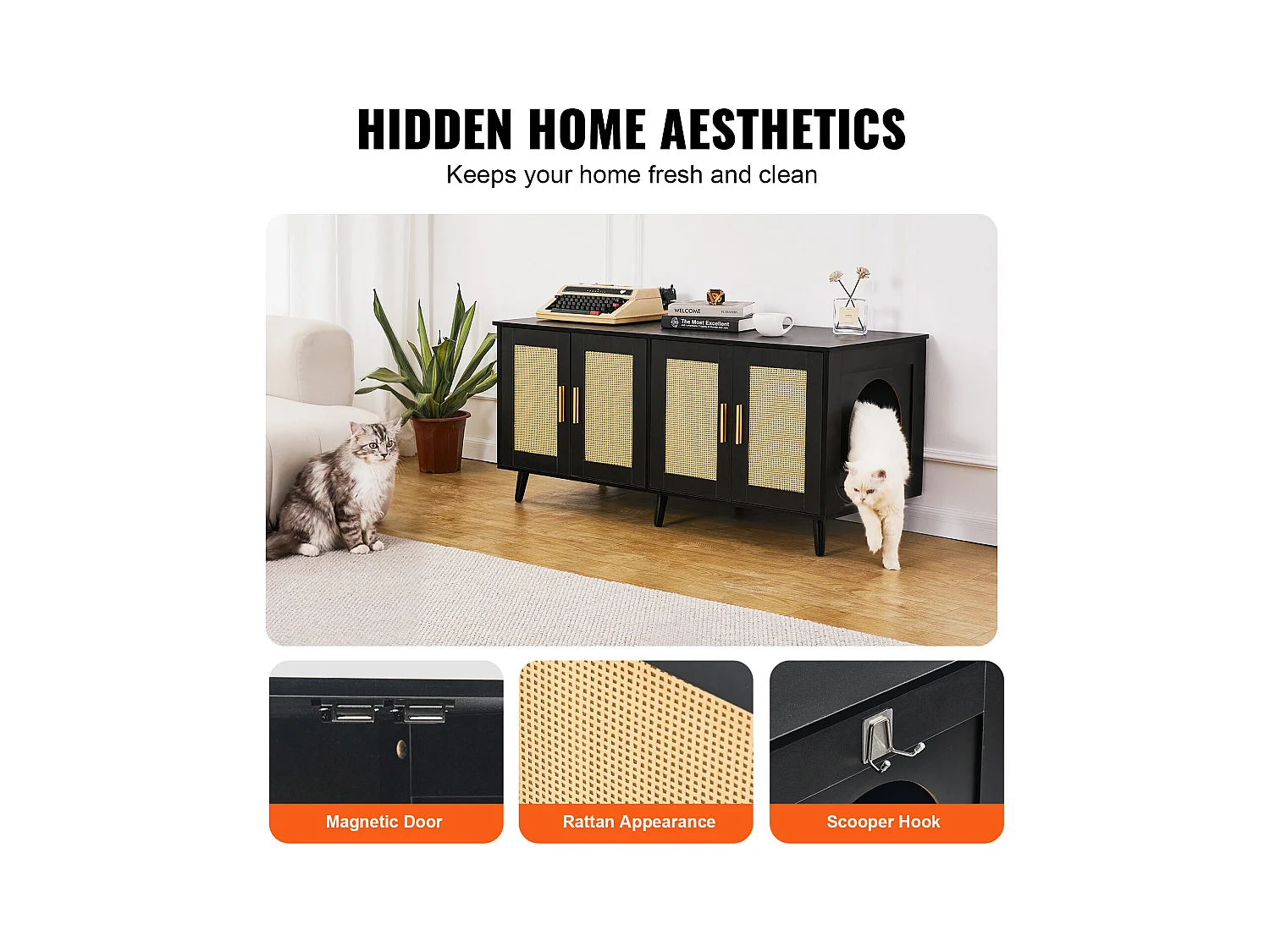 Bac à Litière pour Chat SucceBuy, Meuble Caché en Bois Avec 2 Pièces, Noir