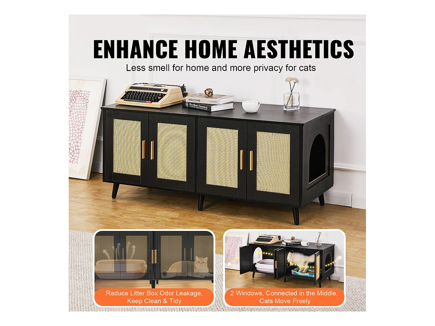 Bac à Litière pour Chat SucceBuy, Meuble Caché en Bois Avec 2 Pièces, Noir
