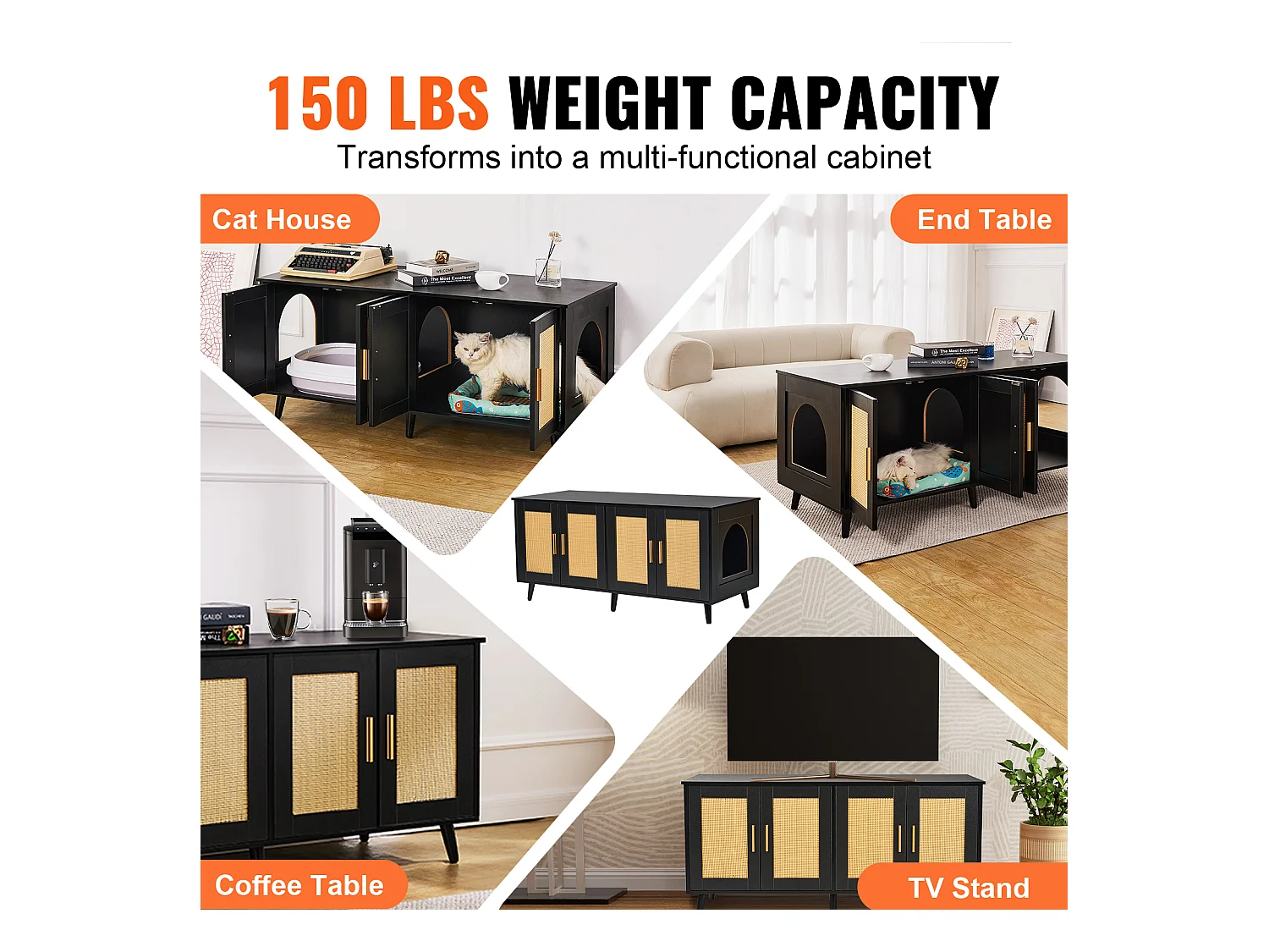 Bac à Litière pour Chat SucceBuy, Meuble Caché en Bois Avec 2 Pièces, Noir