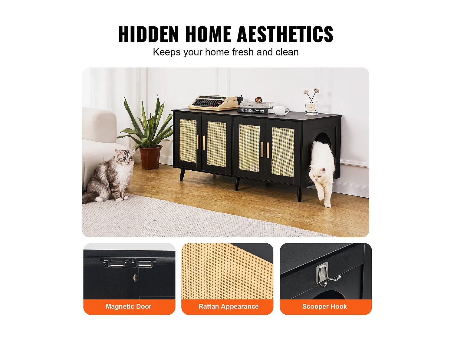 Bac à Litière pour Chat SucceBuy, Meuble Caché en Bois Avec 2 Pièces, Noir
