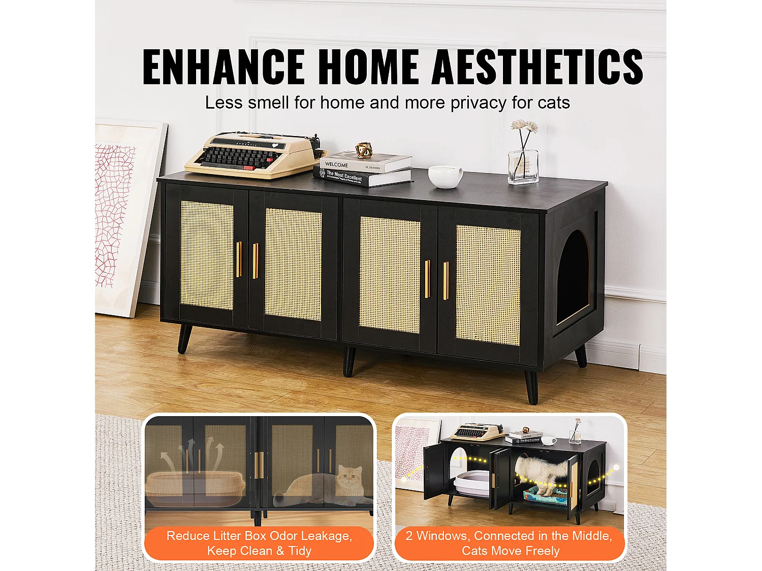 Bac à Litière pour Chat SucceBuy, Meuble Caché en Bois Avec 2 Pièces, Noir