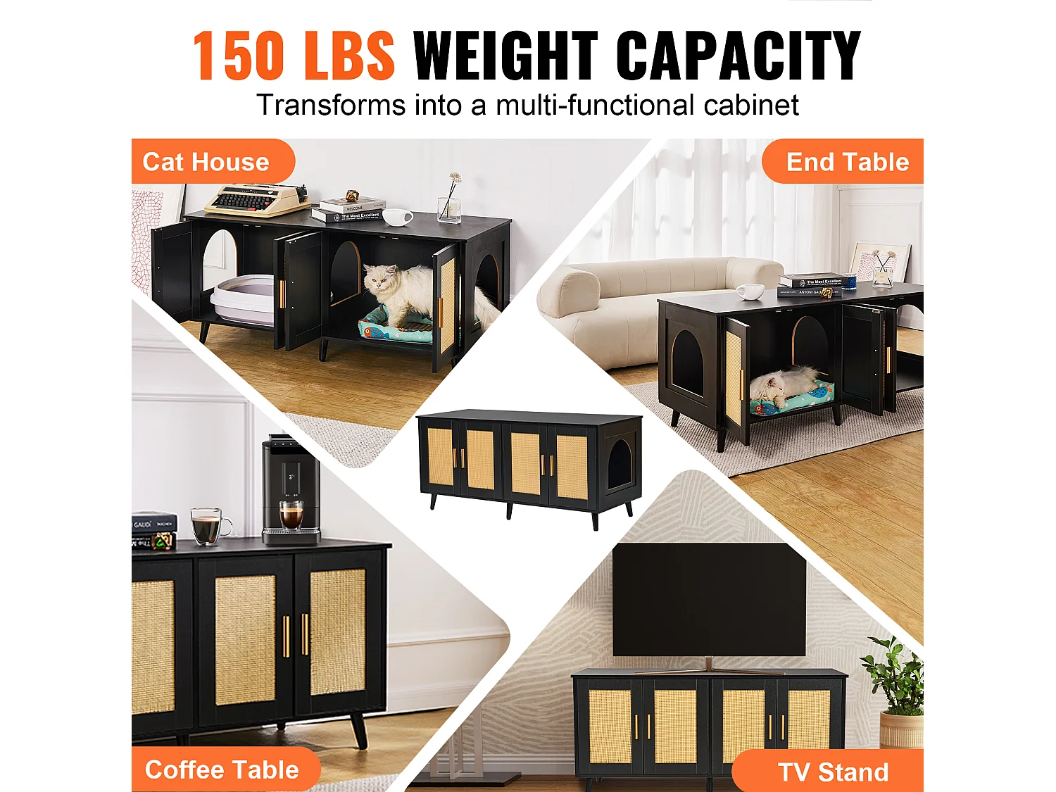 Bac à Litière pour Chat SucceBuy, Meuble Caché en Bois Avec 2 Pièces, Noir