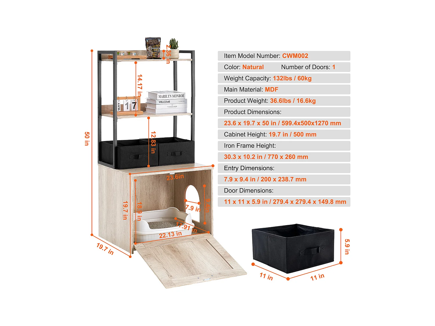 Caixa de Areia, SucceBuy Compartimento para Caixa de Areia para Gatos, Armário Oculto para Caixa de Areia, 2 Prateleiras e 2 Cestos