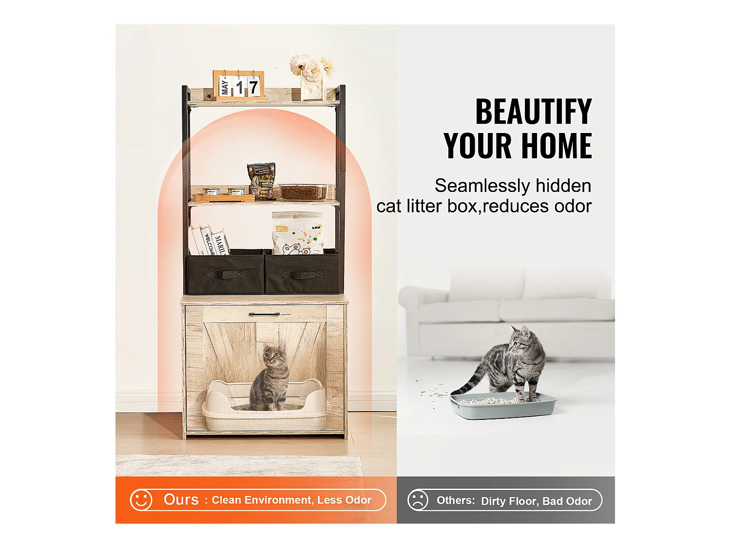 Caixa de Areia, SucceBuy Compartimento para Caixa de Areia para Gatos, Armário Oculto para Caixa de Areia, 2 Prateleiras e 2 Cestos