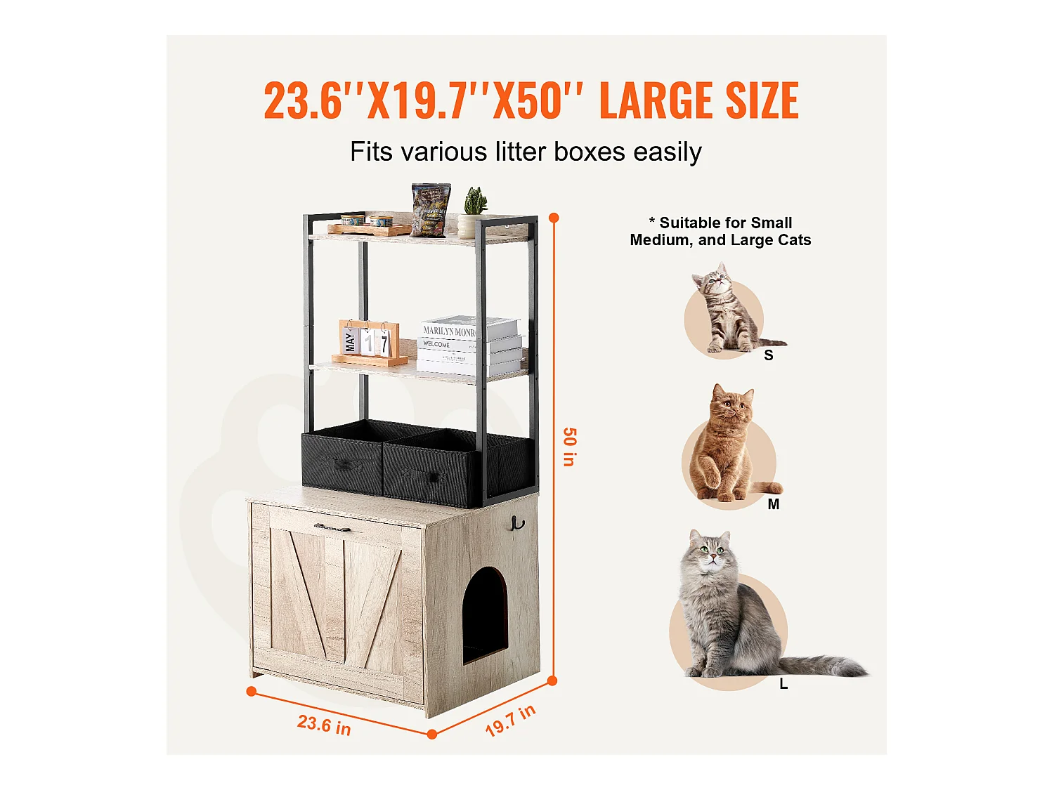 Caixa de Areia, SucceBuy Compartimento para Caixa de Areia para Gatos, Armário Oculto para Caixa de Areia, 2 Prateleiras e 2 Cestos