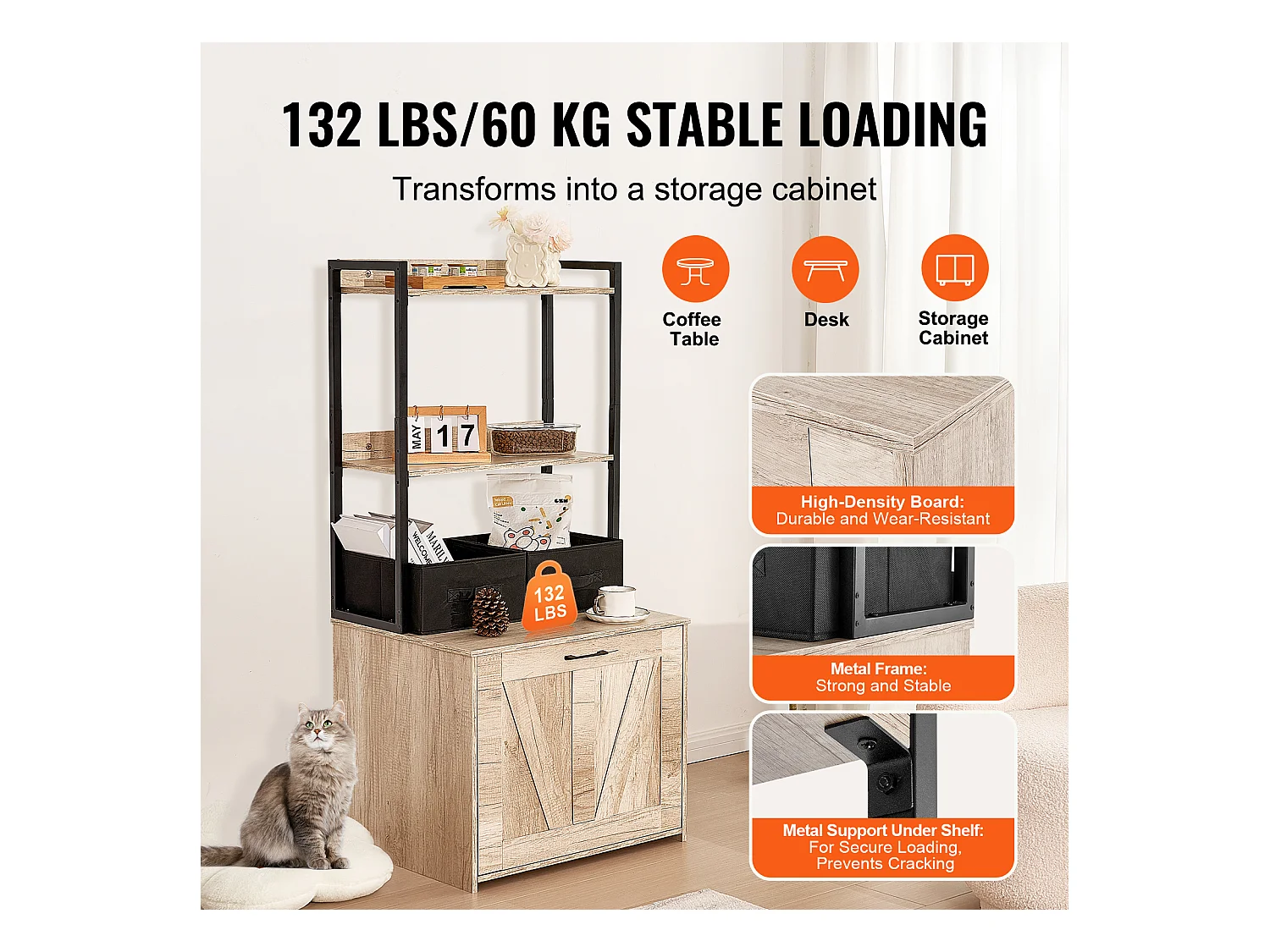 Caixa de Areia, SucceBuy Compartimento para Caixa de Areia para Gatos, Armário Oculto para Caixa de Areia, 2 Prateleiras e 2 Cestos