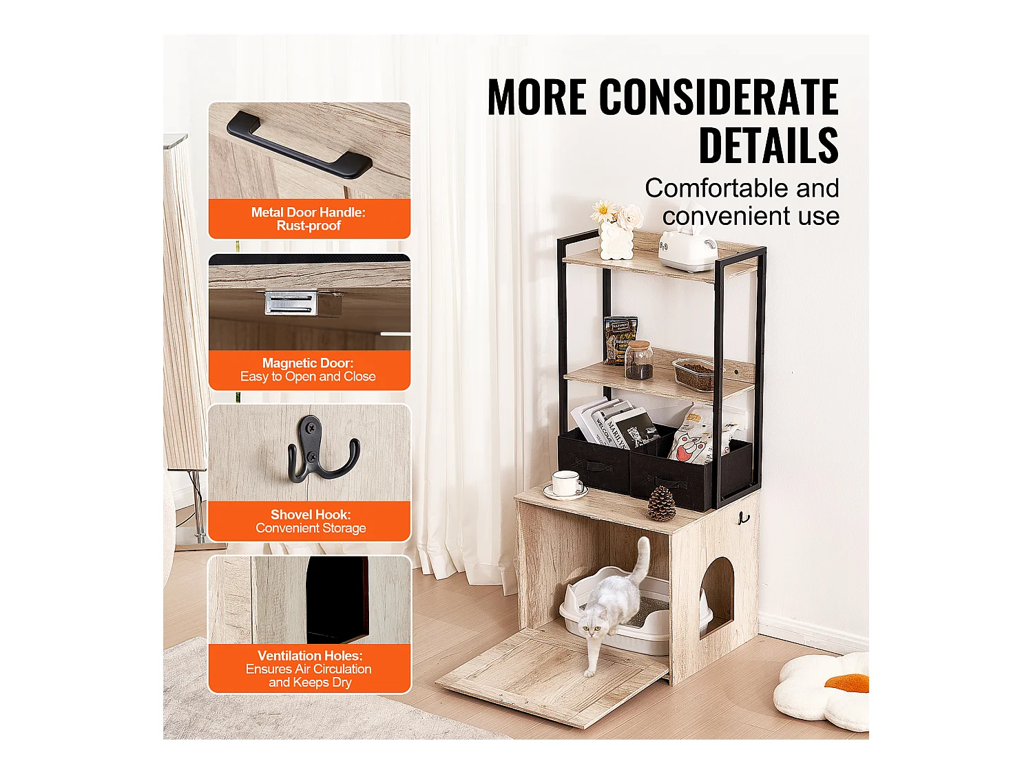 Caixa de Areia, SucceBuy Compartimento para Caixa de Areia para Gatos, Armário Oculto para Caixa de Areia, 2 Prateleiras e 2 Cestos