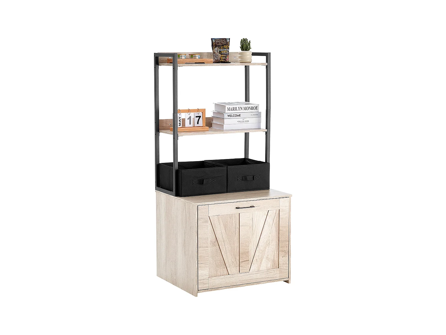 Katzentoilette, SucceBuy Katzentoilettengehäuse, Versteckter Katzentoilettenschrank, 2 Regale und 2 Körbe