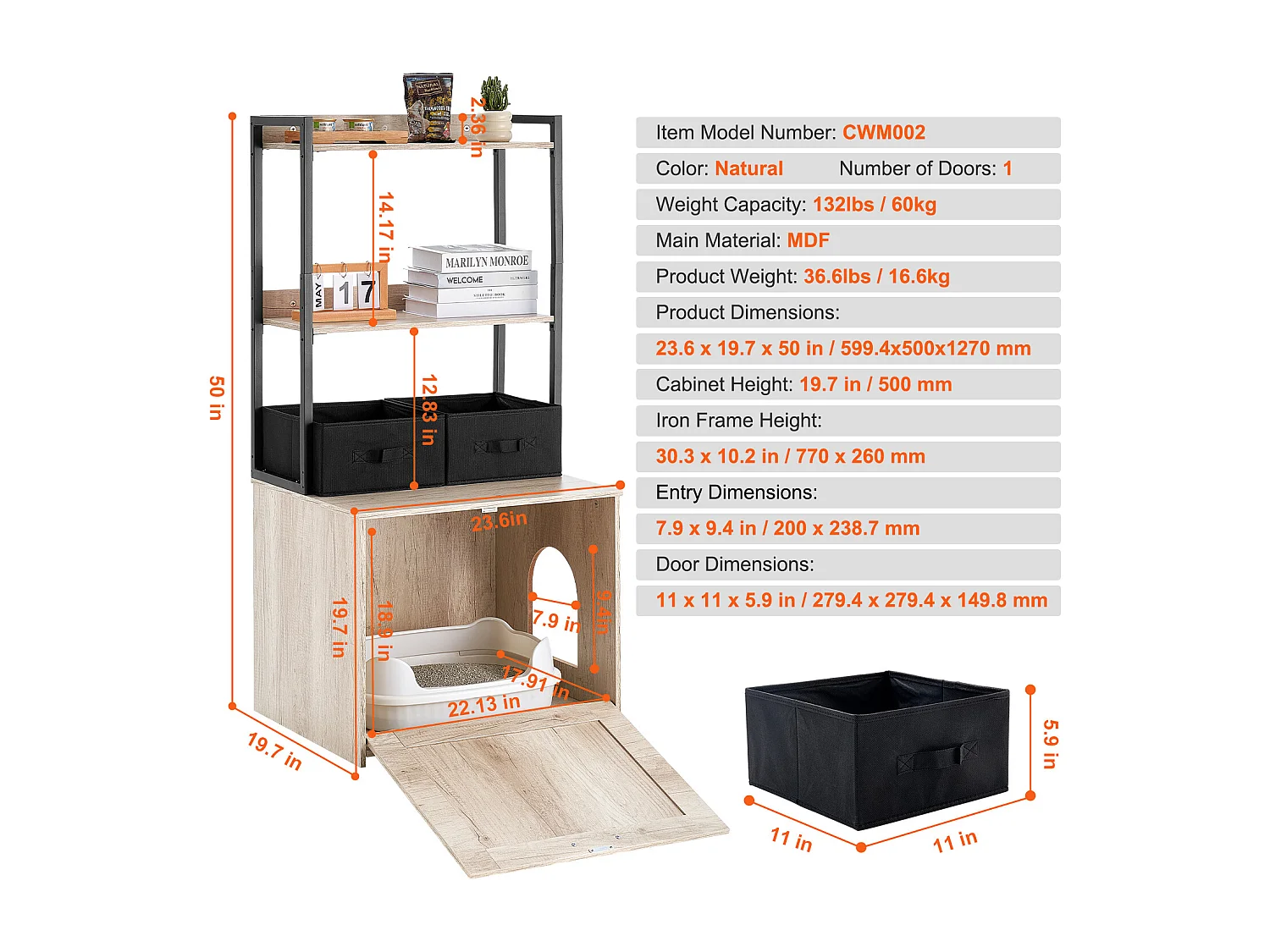 Bac à Litière, SucceBuy Enceinte pour Bac à Litière pour Chat, Meuble pour Bac à Litière Caché, 2 Étagères et 2 Paniers