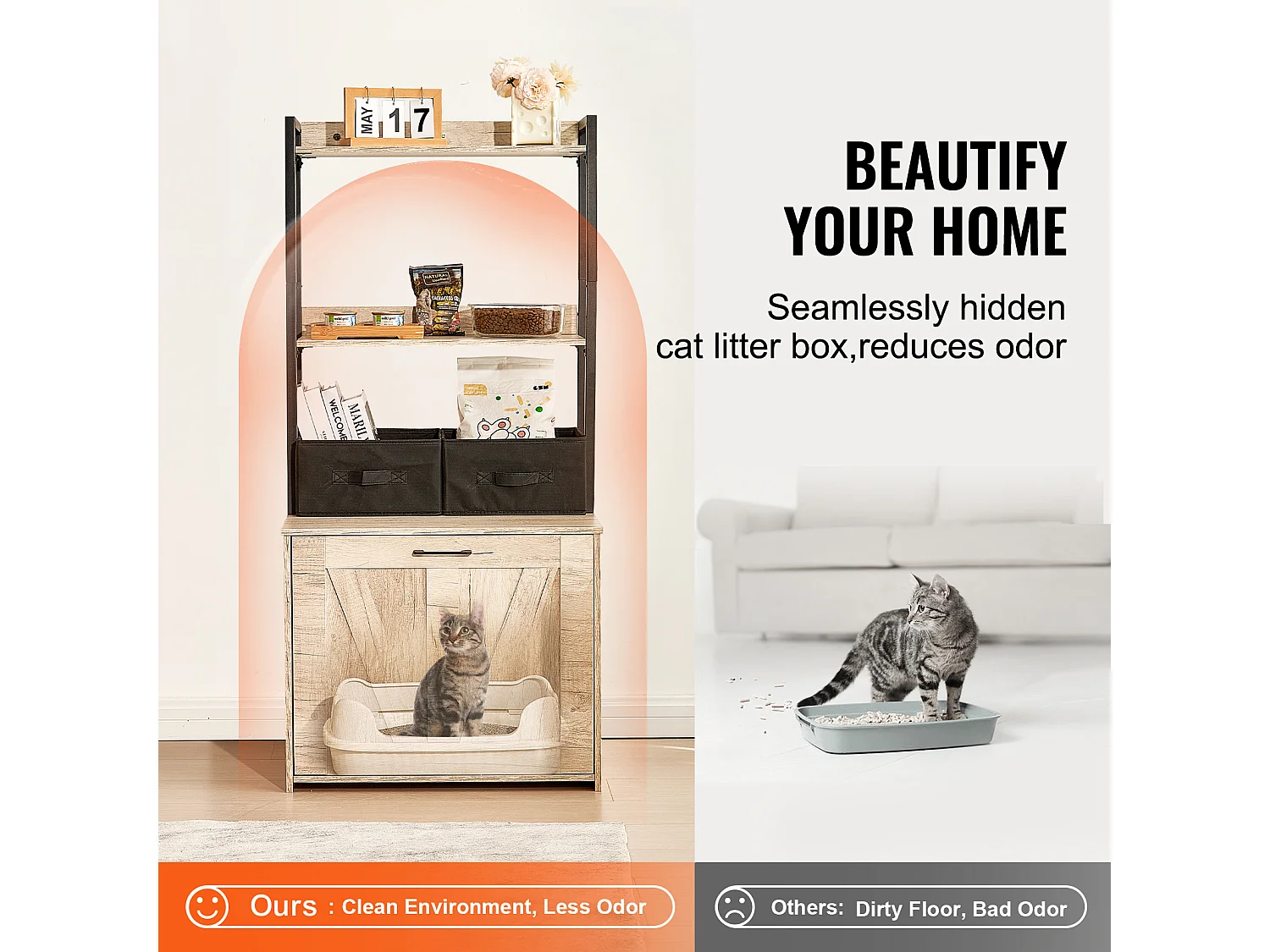 Bac à Litière, SucceBuy Enceinte pour Bac à Litière pour Chat, Meuble pour Bac à Litière Caché, 2 Étagères et 2 Paniers