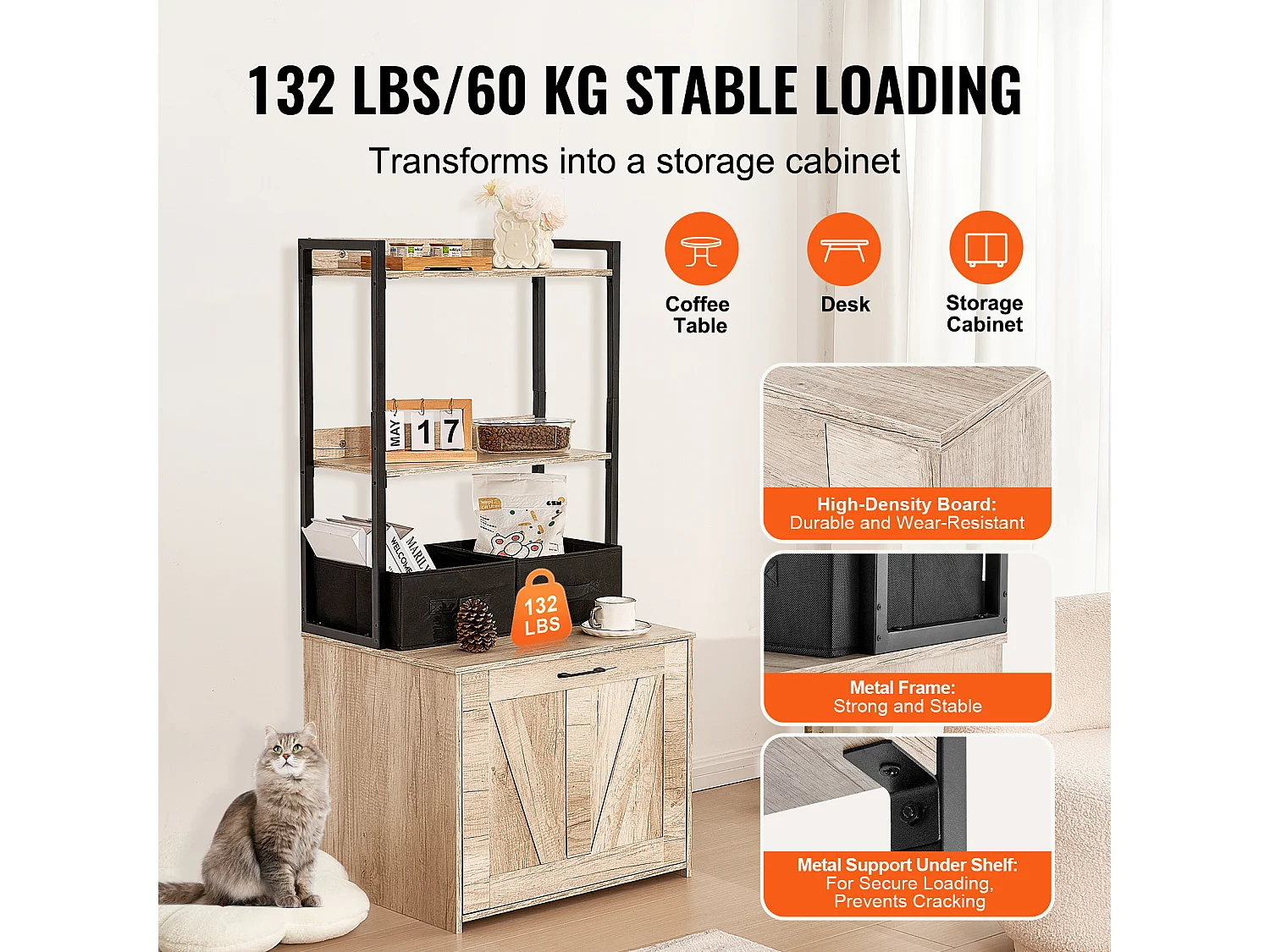 Bac à Litière, SucceBuy Enceinte pour Bac à Litière pour Chat, Meuble pour Bac à Litière Caché, 2 Étagères et 2 Paniers