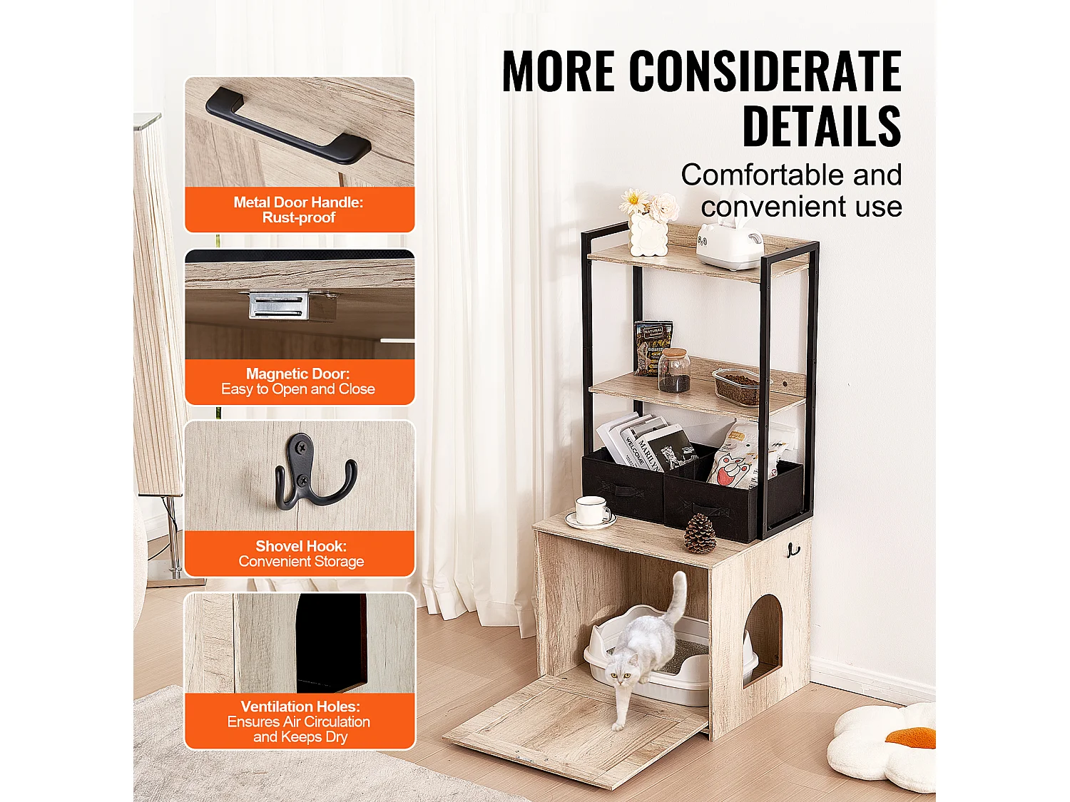 Bac à Litière, SucceBuy Enceinte pour Bac à Litière pour Chat, Meuble pour Bac à Litière Caché, 2 Étagères et 2 Paniers