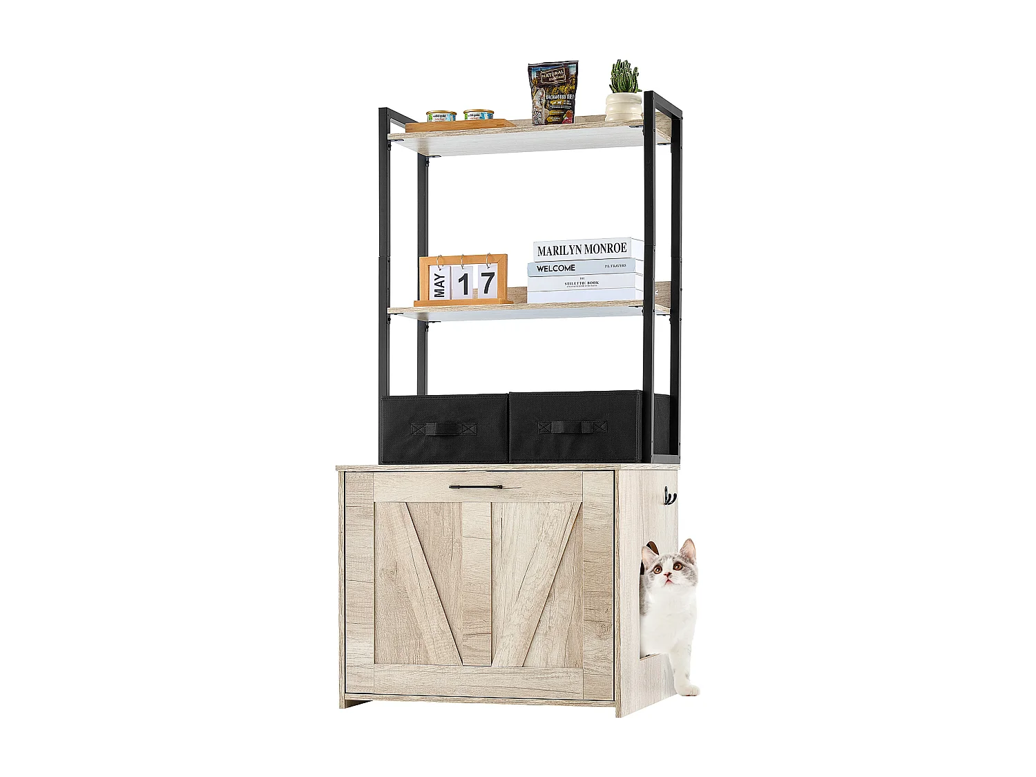 Bac à Litière, SucceBuy Enceinte pour Bac à Litière pour Chat, Meuble pour Bac à Litière Caché, 2 Étagères et 2 Paniers