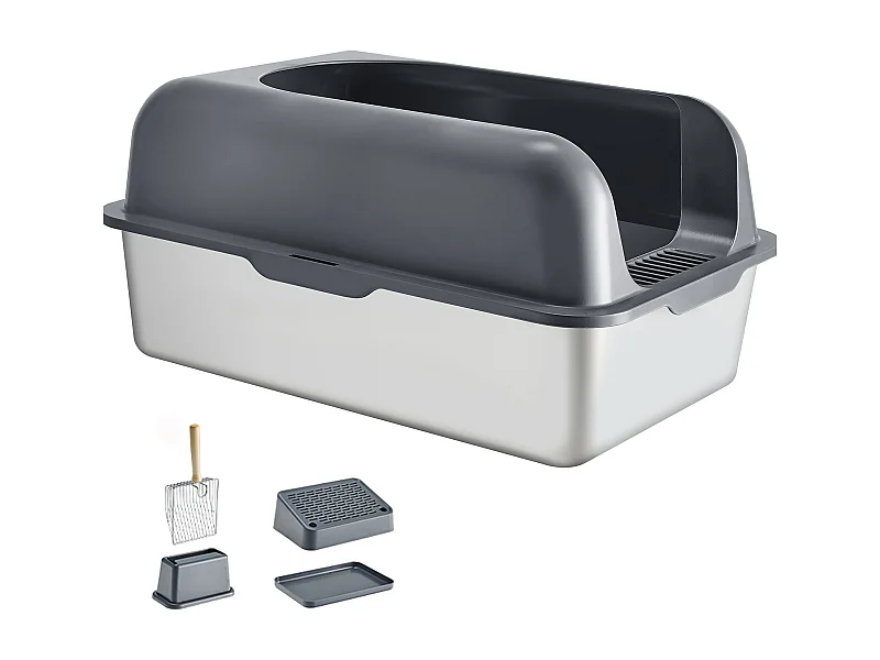 Caixa de Areia para Gatos SucceBuy em Aço Inoxidável com 15.24 cm de Profundidade e Filtro de Degrau