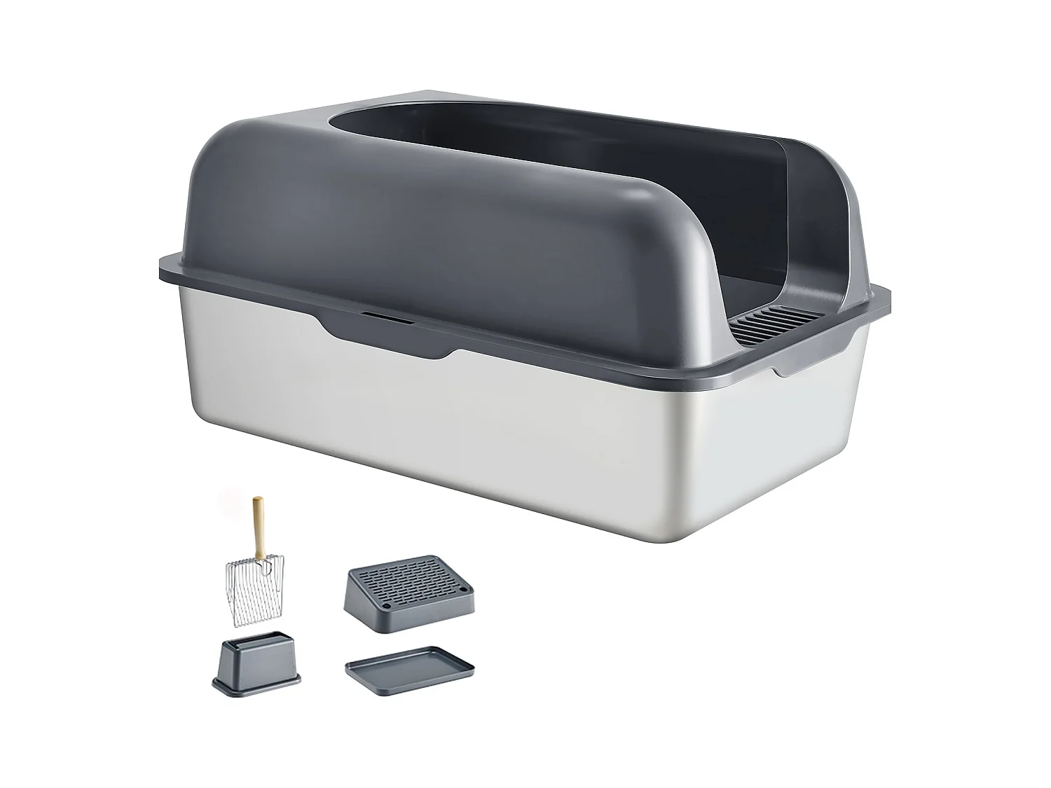 Toilette pour Chat, SucceBuy Bac à Litière pour Chat en Acier Inoxydable de 15.24 cm de Profondeur avec Marchepied Filtrant